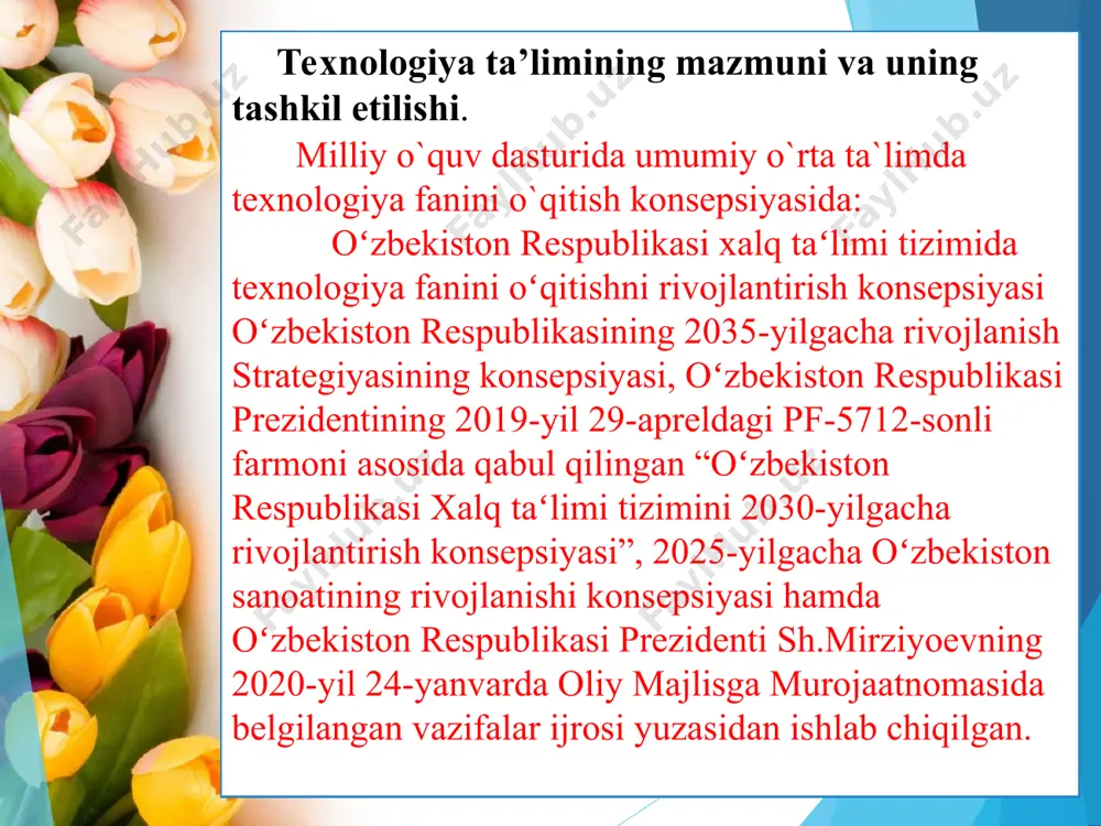sanoat va texnologik tarmoqlari boʻyicha jahonda yetakchi davlatlardan biriga aylanishiga zamin yaratishda muhim shartlardan biridir. mehnat ta’limi dasturi talablarini bajarishda, mavzuga oid bilim berishda, malaka va ko‘nikmalarni shakllantirishda o‘quvchilarga ma’lum hajmdagi politexnik bilimlar beriladi. boshlang‘ich politexnik bilim bilan qurollantirish o‘quvchilarga predmetni yasash, ishlov berilayotgan materialning xususiyatlari, texnologik o‘ziga xosliklari, materialga qo‘lda ishlov berilganda qo‘llaniladigan asbob-moslamalarning xususiyatlari, ulardan foydalanish qoidalari haqida ma’lumot berib boriladi. texnologiya oʻquv predmetining asosiy maqsad va vazifalari: umumtaʻlim maktablarida fanlarni oʻqitish jarayonida fan-texnika taraqqiyoti, injeneriya, matematika va kundalik hayot bilan bogʻlab oʻrganishning steam (science, technology, engineering, art and mathematics) yondashuvi taʻlim-tarbiya jarayonini tashkil etish dolzarb masaladir. steam zamon talablari asosida xalqaro miqyosda oʻquvchilarga taʻlim-tarbiya berishda umumtaʻlim fanlari boʻyicha fanlararo bogʻlanish va amaliy yondashuvni kuchaytirishga qaratilgan umumiy reja. steam oʻziga tabiiy fanlar, texnologiya, injenerlik, sanʻat, ijodkorlik, matematika fanlarining amaliy jihatlarini umumlashtirib integratsiyalashni nazarda tutadi. boshlang‘ich sinf o‘quvchilari bajarishi kerak bo‘ladigan amaliy ish turlari xilma-xildir, biroq mehnat malaka va …