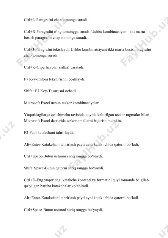 qoridagi katakcha kontenti va formatini quyi tomonda belgilab qo‘yilgan barcha katakchalar ko‘chiradi. brauzer uchun tezkor kombinatsiyalar yuqoridagilarga qo‘shimcha ravishda quyida keltirilgan tezkor tugmalar bilan chrome, firefox va edge dasturlarida tezkor amallarni bajarish mumkin. f5-joriy sahifani yangilaydi. ctrl+(+ yoki -)-sahifani kattalashtiradi/kichiklashtiradi. ctrl+tab-ochilgan brauzer yorliqlarining biridan ikkinchisiga o‘tadi ctrl+shift +t-oxirgi yopilgan yorliqni ochadi. ctrl+d-joriy sahifani xatcho‘pga qo‘shadi. windows uchun tezkor kombinatsiyalar alohida dasturlar bilan bir qatorda windows'ning ham alohida tezkor kombinatsiyalari mavjud. win + b – sichqoncha kursorini treyga o’tkazish win + d – ish stoliga (рабочий стол) o’tish win + е – mening kompyterim (мой компьютер) oynasini ochish win + f – qidiruv oynasini ochish win + l – kompyuterni bloklash win + m – barcha oynalarni masalalar paneliga tushirish win + p – proektor bilan ishlash oynasini ochish win + r – “bajarish” (выполнить) oynasini chaqirish win + u – “maxsus imkoniyatlar” oynasini ochish
