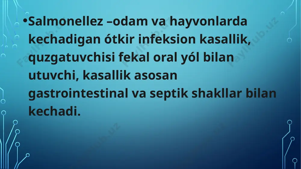 botulizm ótkir toksikoinfeksiya kasalligi, proteinoviy neyrotoksin clostridium botulinum va quzgatuvchinichi saqlovchi oziq ovqat maxsulotni istemol qilganda. organizmni intoksikatsiyasi bilan harakterlanadi, asosan markaziy va vegetativ nerv sistemani jaroxatlanishi bilan kechadi. etiologiyasi clostridium avlodi kiradi, spora xosil kiladi. - botullinum oltita turlarga ega - a, b, c, d, e va f, ular toksinni antigen xususiyatlariga qarab bir biridan farqlanadi. epidemiologiyasi yuqish mexanizmi - fekal-oral. kasallikni asosiy sababi - klostridiyalar bilan zararlangan konserva mahsulotlarini istemol qilish (qoziqorin, baliq, bodring). toksin minimal dozalarda aktivligini namoyon qilishi tufayli antitoksik immun reaksiyalar rivojlanmaydi va antitoksik immunitet xosil bólmaydi. klinikasi og’iz qurishi, ko’ngil aynish, qusish, ich ketish, qorin shishi, epigastral sohada og’riqlar. ko’rishni buzilishi. ko’z oldida “tuman”, - yutishni buzilishi. og’iz shilliq qavatni qurishi va qizarishi, • tomoq refleksini pasayishi. • intoksikatsiya belgilari. diagnostikasi umumiy qon tahlilda: nisbiy leykotsitoz neytrofilez bilan, echt nisbatan oshishi. davolash kasalxonaga yotkazish. • nespetsifik detoksikatsiya: oshqozonni yuvish va ichakni tozalash. enterosorbentlar kullash …