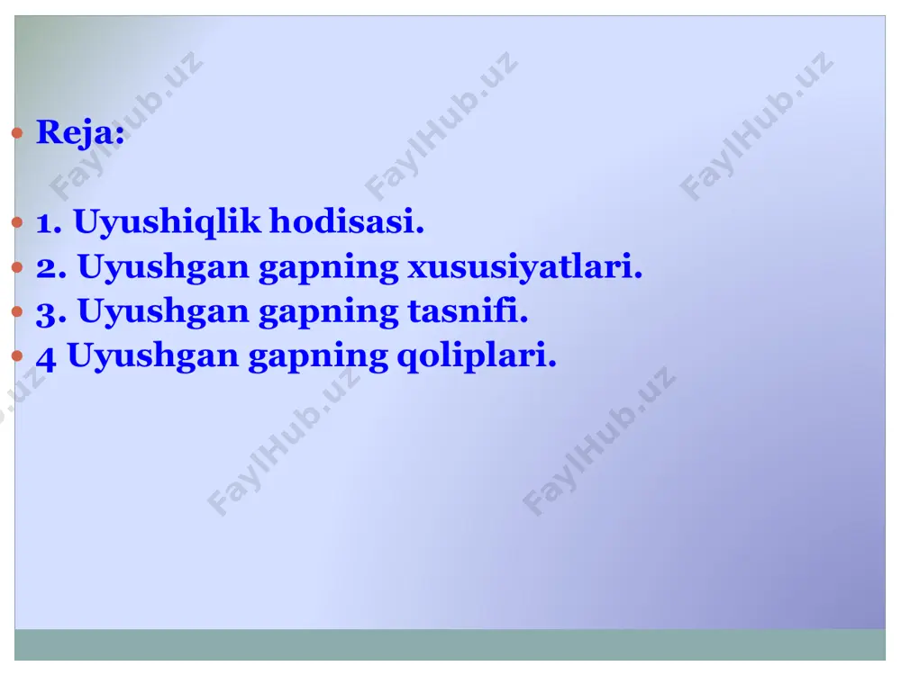 farqlanadi:  1. bahor kelsa, bog‘lar yashnasa, sayrga chiqamiz. gapning qolipi: [e1-w1pm (-sa) e2-w2pm (-sa), w3-pm]. 2. bahor kelsa, bog‘lar yashnaydi, sayrga chiqamiz. qolipi: [(e1 - wpm1) ((e2 - w2pm) va (w3pm))].  bu ikkala gap uyushiq qismli qo‘shma gap. birinchi gapda ergash gap (bahor kelsa, bog‘lar yashnasa) uyushib, bosh gapga tobelanib kelgan. ikkinchi gapda esa bosh (bog‘lar yashnaydi, sayrga chiqamiz) uyushib kelgan va ergash gap (bahor kelsa) ularga bab-baravar tegishli. bular uyushiq gapdir.  ma’lum bo‘ladiki, uyushiq gap qo‘shma gaplar tarkibida bo‘ladi. uyushgan gap esa o‘zbek tilida sodda va qo‘shma gaplar orasidagi alohida sintaktik qurilmadir. u kesimdagi (w) si birdan ortiqligi bilan qo‘shma gapga, (pm) ning bittaligi bilan esa sodda gapga yaqinlashadi. shuning uchun ham u o‘z mavqei bilan «oraliq uchinchi»dir, ya’ni sodda va qo‘shma gaplar orasidagi hodisadir. 15 uyushgan gapning “oraliq uchinchi” maqomi sodda gap uyush- gan gap qo‘shma gap  sodda va qo‘shma gapni belgilashda asosiy omil …