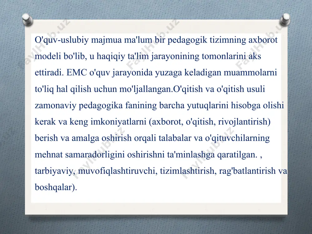 ual o'quv rejasi tuziladi va o'quv materiallari tarkibining majburiy elementi emas. 5.o'qituvchi va talabalar uchun o'quv-uslubiy komponent.bu bo'lishi mumkin: o'quv faoliyatini tashkil etish bo'yicha uslubiy materiallar. alohida mavzular va darslarni metodik ishlab chiqish. darsliklar–maktabgacha ta'lim mazmunini amalga oshirishni ta'minlaydigan materiallar. bularga quyidagilar kiradi: ma'lumotnomalar (entsiklopediyalar, lug'atlar, ma'lumotnomalar, jadvallar, ma'lumotlar bazalari, havolalar, veb-saytlar va boshqalar); fantastika; ilmiy va ilmiy-ommabop adabiyotlar (ilmiy, ilmiy-ommabop nashrlar va nashrlar, tajribalar tavsifi va boshqalar); davriy nashrlar; videomateriallar (videoma'ruzalar, badiiy va ilmiy-ommabop filmlar, darslar, tadbirlarning videoyozuvlari va boshqalar); audio materiallar (musiqiy asarlarning fonogrammalari, audiokitoblar, ushbu mavzuni o'rganish uchun zarur bo'lganaudio yozuvlar); o'quv maqsadlaridagi elektron vositalar (o'quv dasturi mavzulari bo'yicha virtual ma'ruzalar, ko'rgazmali modellar, slayd- taqdimotlar, virtual nazorat va laboratoriya ishlari, individual topshiriqlar va boshqalar); darsning mazmuni quyidagicha bo'lishi mumkin: umuman maktabgacha ta'lim uchun; alohida bo'limlarda; hurmatli хamkasblar univеrsitеtdagi o‘quv-uslubiy majmualar, o‘quv fanlarni bo‘yicha barcha mе’yoriy хujjatlar va o‘quv matеriallarni o‘z ichiga qamrab оlgan, uslubiy xaraktеrdagi o‘qitish vоsitalari …