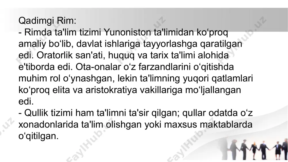 hga qaratilgan edi. faylasuflar, ayniqsa, sokrat, platon va aristotel, ta'limni nafaqat bilim olish, balki axloqiy fazilatlarni shakllantirish deb hisoblashgan. ta'lim va tarbiya orqali insonning ichki dunyosi, yaxshi fuqarolik mas'uliyati, adolat va poklik kabi axloqiy qadriyatlar o‘rgatilgan. platon o‘zining "respublika" asarida fuqarolarning axloqiy va aqliy jihatdan kamolotga erishishlarini ta'kidlagan. u, shuningdek, ta'lim orqali jamiyatni adolatli va barqaror qilishni maqsad qilgan. 15 qadimgi rim: rimda ham ta'lim va tarbiya jamiyatda fuqarolarning axloqiy mas'uliyatini o‘rganishga qaratilgan edi. rimliklar uchun axloqiy fazilatlar, masalan, jasorat, adolat, vatanparvarlik va o‘z vazifalarini bajarishga bo‘lgan mas'uliyat muhim edi. rimda ta'lim orqali "virtus" (fazilat) va fuqarolik mas'uliyati rivojlantirilgan. 17 2. jismoniy tarbiya - qadimgi yunoniston: yunonistonning ta'lim tizimida jismoniy tarbiya va sport muhim o‘rin tutgan. yunonlar jismoniy salohiyatni oshirish uchun palestra (sport maktablari) va gymnasiya (jismoniy mashqlar o‘tkaziladigan joylar) kabi o‘quv muassasalariga ega bo‘lgan. olimpiya o‘yinlari nafaqat sport musobaqalari, balki diniy va madaniy tadbir sifatida ham ahamiyatga ega edi. …