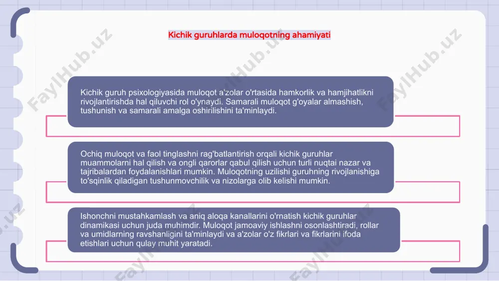 a ta'sir etuvchi omillarni tushunish etakchilar va jamoa a'zolari uchun qo'llab-quvvatlovchi va hamkorlik muhitini yaratish uchun juda muhimdir. guruhlar ushbu fazilatlarning ahamiyatini anglab, umumiy maqsad va vazifalarga erishish yo'lida samaraliroq hamkorlik qilishlari mumkin. e'tiboringiz uchun rahmat