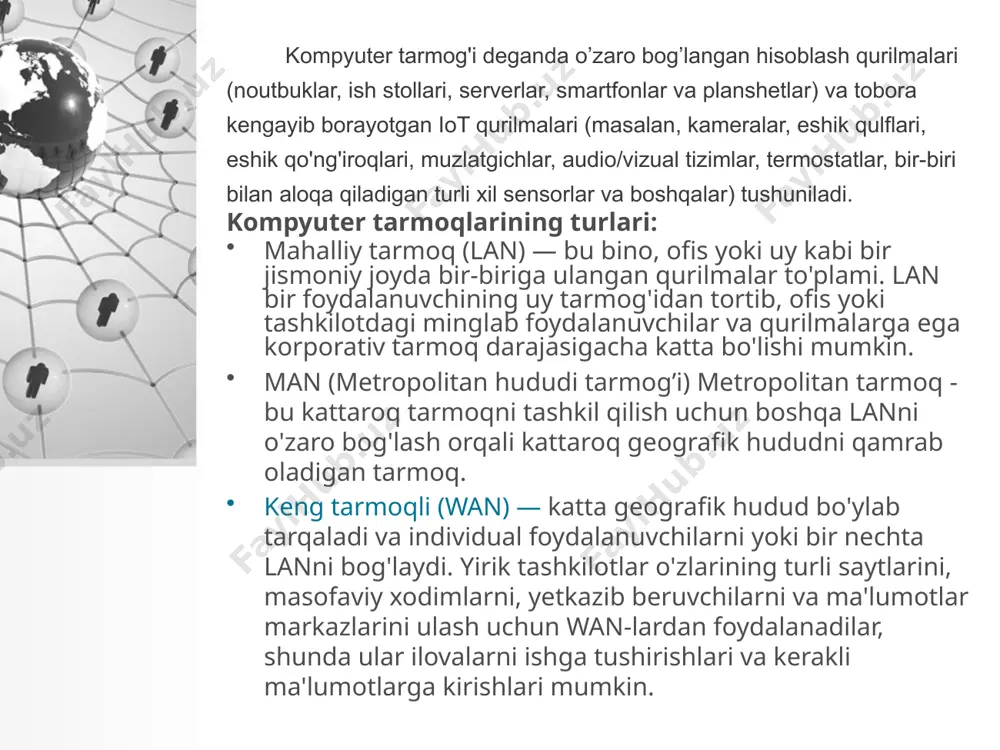 mkin. bu umumiy ip-manzillardan farq qiladi, ularning barchasi yagona aniqlanishi kerak. 7 tarmoqni segmentlash tarmoq segmentatsiyasi jismoniy yoki mantiqiy segmentatsiya sifatida amalga oshirilishi mumkin. fizik segmentatsiya kattaroq kompyuter tarmog'ini kichikroq ostki tarmoqlar to'plamiga ajratishni o'z ichiga oladi. fizik yoki virtual xavfsizlik devori quyi tarmoq shlyuzi vazifasini bajaradi va qaysi trafiklarning kirishi-chiqishini nazorat qiladi. jismoniy segmentatsiyani boshqarish nisbatan oson, chunki topologiya arxitekturada mustahkamlangan bo’ladi. mantiqiy segmentatsiya ikkita asosiy usuldan biri yordamida ostki tarmoqlarni yaratadi: virtual mahalliy tarmoqlar (vlan) yoki tarmoq manzillash sxemalari. vlan-ga asoslangan yondashuvlarni amalga oshirish juda oson, chunki vlan teglari trafikni avtomatik ravishda tegishli quyi tarmoqqa yo'naltiradi. tarmoqni manzillash sxemalari bir xil darajada samarali, lekin tarmoq nazariyasini batafsilroq tushunishni talab qiladi. mantiqiy segmentatsiya jismoniy segmentatsiyadan ko'ra moslashuvchanroq, chunki u amalga oshirish uchun komponentlarning simlari yoki jismoniy harakatini talab qilmaydi. 8 tarmoq segmentatsiyasining afzalliklari kuchli tarmoq xavfsizligi segmentatsiya tarmoqni kichik tarmoqlarga bo'lganligi sababli, tarmoq trafigini izolyatsiya qilish hujum maydonini kamaytiradi …