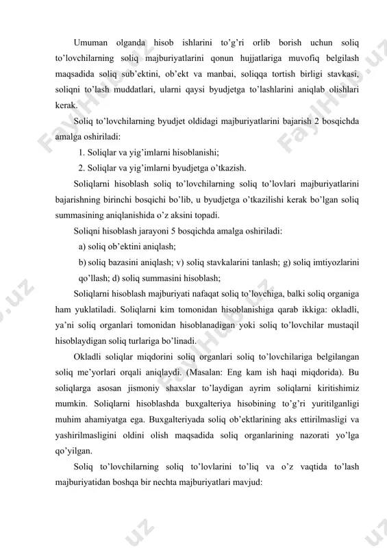 ida buxgalteriya hisobotiga o’zgartirish kiritishdir. buxgalteriya hisobini va soliqlarning hisoblanishini to’g’ri yuritishning qonuniy asosi bo’lib, 1997 yil 24 aprelda qabul qilingan soliq kodeksi, 1999 yil 5 fevralda qabul qilingan “moliyaviy natijalarni shakllantirish va xarajatlar to’g’risida”gi nizomi, vazirlar mahkamasining 2001 yil 31 dekabrdagi 490-sonli qarorlari hisoblanadi. yuqoridagilardan xulosa qilib aytadigan bo’lsak, asosan byudjet daromadlarini prognoz qilishda eng quyi, ya’ni tuman va shaharlarda ma’lumotlar to’lanib, yuqori tashkilotlarga jamlangan holda etkazib berilar ekan. prognozlashtirish hisob-kitoblarida tuman asosiy ishlab chiqarish fondlari qiymati o’sishi (kamayishi), soliq to’lovlari yuzasidan davlat miqyosida va viloyat xokimliklari miqyosida soliq imtiyozlari tizimini hisobga olishi, ayrim soliq turlari bo’yicha prognoz qilishda shu bo’lim hisob-kitiblari va takliflarini hisobga olishi kerak. demak prognoz ishlarini to’g’ri va haqqoniy olib borish, byudjet daromadlari va xarakatlarining muvozanatini ta’minlaydi hamda mamlakatimiz miqyosida amalaga oshirilayotgan iqtisodiy siyosatni muvofiqlashtirib turadi. soliq hisobini yuritishni takomillashtirish. yuqorida aytib o’tilgan soliq idoralarining nazorat qilish usullari yordamida aniqlangan qonunbuzarliklar bo’yicha soliq iloralari turli …