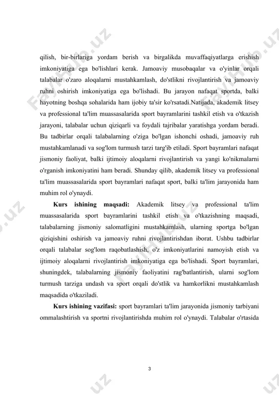 tadbirlar tashkil etiladi. bu jarayon talabalar orasida o'zaro aloqalarni mustahkamlash, raqobatni oshirish va sportga bo'lgan qiziqishni kuchaytirish imkoniyatini beradi. kurs ishining tarkibiy tuzilmasi:ushbu kurs ishi 2 ta bob,6 ta reja,xulosa va foydalanilgan adabiyotlardan iborat. ii.asosiy qism. 1.sport bayramlarining ta'rifi va ahamiyati. sport bayramlari – bu sport va jismoniy tarbiya sohasida o'ziga xos tadbirlar bo'lib, ular nafaqat musobaqalar, balki jamoatchilikni sportga, sog'lom turmush tarziga jalb qilish, sportni rivojlantirish va sportchilarni rag'batlantirish maqsadida o'tkaziladi. ushbu tadbirlar odatda ma'lum bir sanada yoki davrda, masalan, yil davomida yoki muayyan bayramlar doirasida o'tkaziladi. sport bayramlari nafaqat sportchilar, balki butun jamoatchilik uchun muhim ahamiyatga ega, chunki ular sog'lom raqobatni rivojlantiradi, jamoaviy ruhni oshiradi va o'zaro aloqalarni mustahkamlashga yordam beradi .sport bayramlarining ta'rifi juda keng. ular musobaqalar, ko'rgazmalar, sport festivallari, jismoniy tarbiya kechalari va boshqa tadbirlar shaklida bo'lishi mumkin. har bir sport bayrami o'ziga xos maqsad va vazifalarga ega, lekin ularning umumiy maqsadi sportni rivojlantirish va jamoatchilikni …