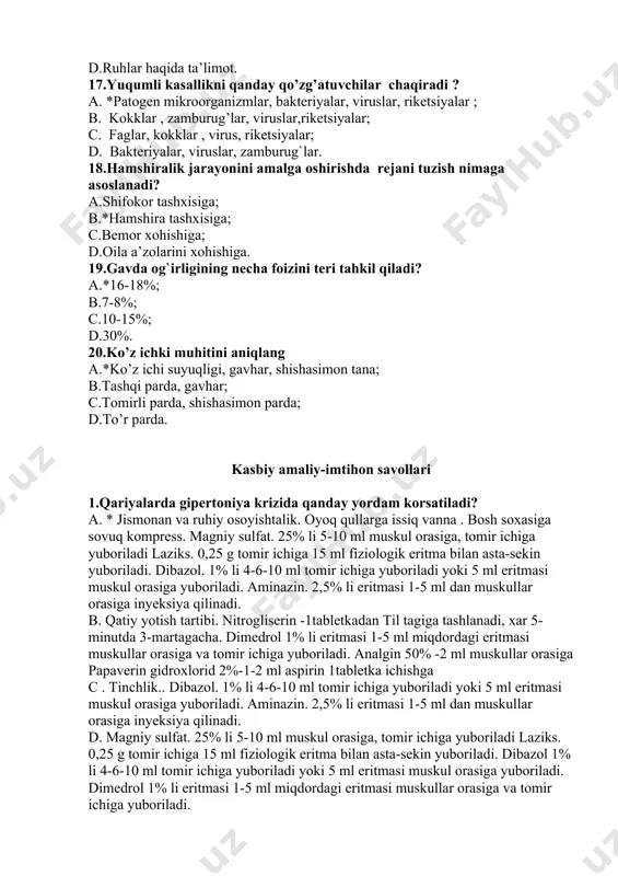 5 ml eritmasi muskul orasiga yuboriladi. aminazin. 2,5% li eritmasi 1-5 ml dan muskullar orasiga inyeksiya qilinadi. b. qatiy yotish tartibi. nitrogliserin -1tabletkadan til tagiga tashlanadi, xar 5-minutda 3-martagacha. dimedrol 1% li eritmasi 1-5 ml miqdordagi eritmasi muskullar orasiga va tomir ichiga yuboriladi. analgin 50% -2 ml muskullar orasiga papaverin gidroxlorid 2%-1-2 ml aspirin 1tabletka ichishga c . tinchlik.. dibazol. 1% li 4-6-10 ml tomir ichiga yuboriladi yoki 5 ml eritmasi muskul orasiga yuboriladi. aminazin. 2,5% li eritmasi 1-5 ml dan muskullar orasiga inyeksiya qilinadi. d. magniy sulfat. 25% li 5-10 ml muskul orasiga, tomir ichiga yuboriladi laziks. 0,25 g tomir ichiga 15 ml fiziologik eritma bilan asta-sekin yuboriladi. dibazol 1% li 4-6-10 ml tomir ichiga yuboriladi yoki 5 ml eritmasi muskul orasiga yuboriladi. dimedrol 1% li eritmasi 1-5 ml miqdordagi eritmasi muskullar orasiga va tomir ichiga yuboriladi. 2.bo`g`ilish. hamshira tashxisi asosida parvarishlash rejasini tuzing. 3.dori moddasini teri ostiga yuborish …