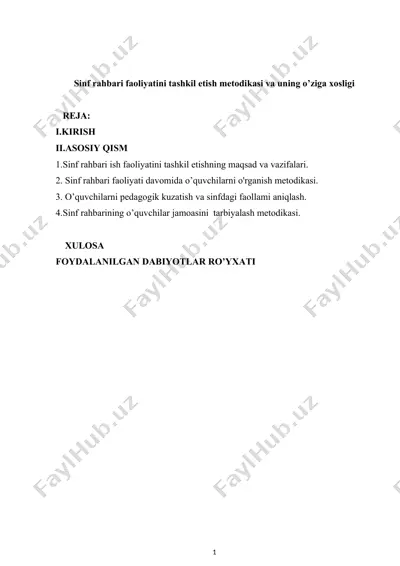 sinf rahbari faoliyatini tashkil etish metodikasi va uning o’ziga xosligi — DOCX