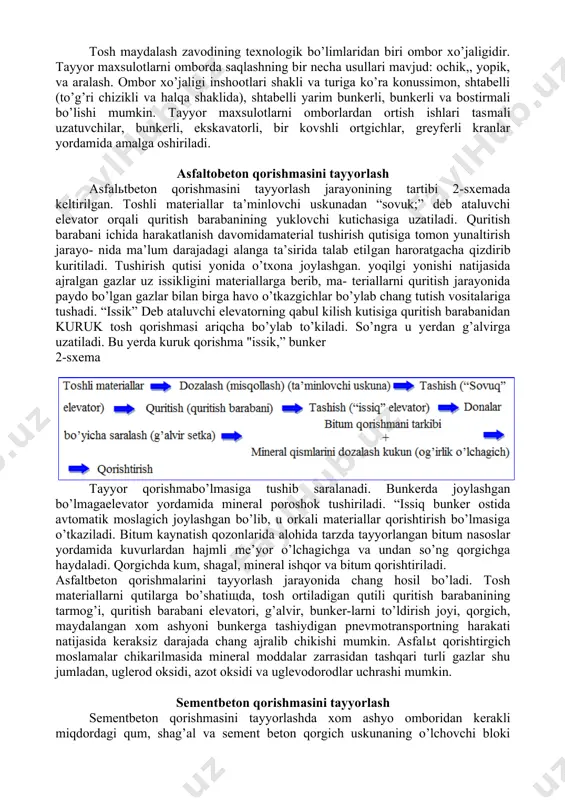 asida ham azot oksidi hosil bo’ladi.yonish kamerasida yokilg’ihavoli aralashma notekis taqsimlanishi sababli qurum paydo bo’ladi. kuchli bosimgazlar xajmi xususida fikr yuritish mumkin. dvigatelda foydalanilgan havo mikdoriga bog’lik, ravishda 1 kg yoqilgiga avtomobilьdan chiqadigan gazlar xajmi kar​byurator dvigatellar uchun 15 kg va dizelь dvigatellar uchun 24 kg ga to’g’ri keladi. yo’l qurilish mashinalari ish rejimining xarakteri dvigatelga tushadigan yuklanish- ning tez-tez takrorlanib turishi bilan ta’riflanadi. dizel dvigatellarga tushuvchi ish yuklanishi 60—70% ni tashkil etganida mashinalardan chikuvchi gazlar xajmi eng oz mikdorda bo’ladi. 3-jadvalda yo’l qurilishida qo’llanuvchi mashinalardan chikuvchi gazlarning uglerod oksidiga nisbatan zaxarliligi keltirilgan. 3-jadval moddaning nomi uglerod oksidiga nisbatan zaxarliligi miqdori uglerod oksidi 1 uglevodorodgaz 1,2 azot oksidi 20 oltingugurt oksidi 12 qurum 25 formaldegid 60 tog’ jinslarini 1 km masofagacha tashishda konveyr transporteri (tasmali uzatuvchi)dan foydalanish samarali usuldir. tasmali uzatuvchi yordamida to’xtovsiz ra​vishda bir xarakatdan ikkinchi xarakatga o’tish imkoni yaratiladi. uning uzluksiz xarakatlanuvchi bunkeriga ekskavator yoki bir kovshli o’rmalovchi …