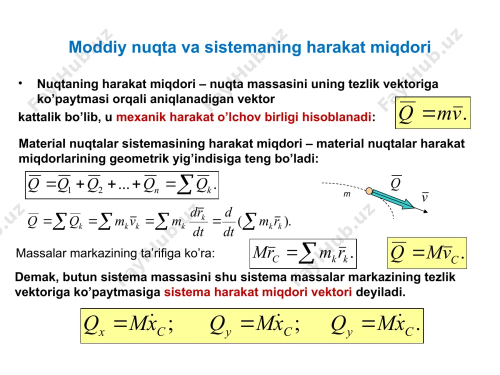 yozilgan tenglamalarni hadma-had qo’shamiz va quyidagini hosil qilamiz biror markazga nisbatan olingan sistema harakat miqdori momenti vektoridan vaqt bo’yicha olingan hosili shu markazga nisbatan olingan sitema tashqi kuch bosh momentiga teng bo’ladi 5.kuchning ishi va quvvati haqida tushuncha. sistemaning kinetik energiyasi ish esa mexanik harakatni materiyaning boshqa bir shakldagi harakatga o’tkazishning miqdor o’lchovi hisoblanadi kichik (elementar) ko’chishda kuchni o’zgarmas deb qarash mumkin va bunda kuchning elementar ishi kuchni ko’chish yo’nalishidagi (harakat troyektoriyasiga urinma yo’nalish) proyeksiyasini elementar ko’chishga ko’paytmasiga teng bo’ladi, ya’ni agarda kuch va ko’chish yo’nalishi bir xil bo’lsa, (+) ishora olinadi, agarda qarama-qarshi bo’lsa, (–) ishora olinadi quvvat – birlik vaqt ichida bajarilgan ishning miqdorini xarakterlovchi kattalik nuqtaga qo’yilgan kuchning quvvati: aylanayotgan qattiq jismga qo’yilgan kuchning quvvati: kinetik energiya – mexanik energiyani teng miqdorda boshqa turdagi harakatga aylantirishini xarakterlaydi. material nuqtaning kinetik energiyasi: material nuqtalar sistemasining kinetik energiyasi: 6.moddiy nuqta va sistema kinetik energiyasining o’zgarishi haqidagi teorema. material nuqta …