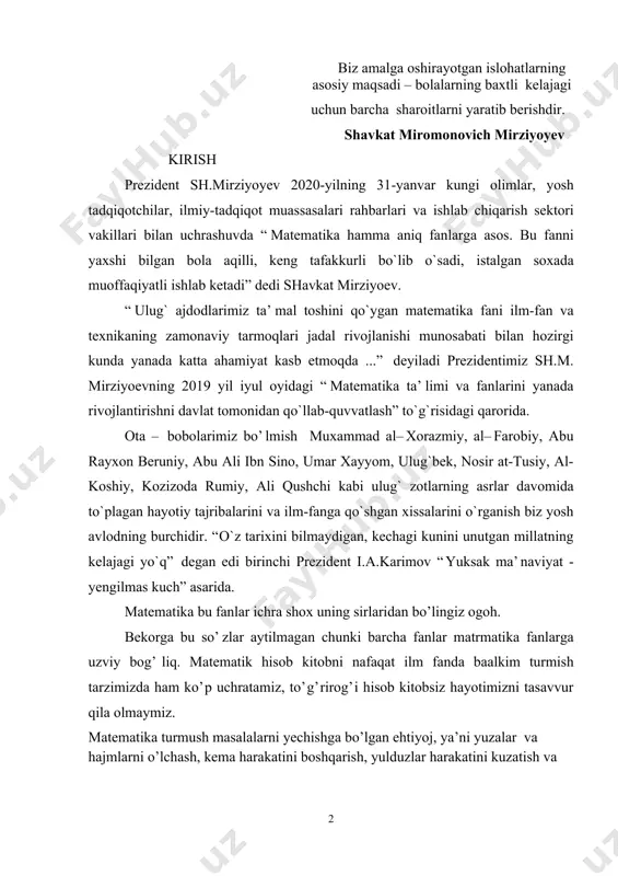 ni uchun ham u hisoblash matematikasi bo’lib, uning maqsadi masala yechimini son shaklida topishdan iborat. kurs ishning dolzarbligi: oliy ta’lim talaba va o’quvchilarga optimal boshqaruvlar masalasining matematik qo’yilishi,aniq integral haqida o’rgatish. kurs ishning maqsad va vazifalari: oliy o’quv yurti talabalari, aniq integral masalalarini yechish usullari haqida bilim va ko’nikmalarini oshirish, misollar va isbotlar bilan esa olgan bilim va ko’nikmalarini mustahkamlash. kurs ishida aniq integralning muhum usullarni ta’rif, teorema, lemma va ularning isboylari, misollar keltirigan. kirish qismida prezidentimizning nutqidan parchalar keltirilgan 1-§. aniq integrallarni taqribiy hisoblash 1. toʻgʻri toʻrtburchaklar usuli. usulning absolyut xatoligi 2. trapetsiyalar usuli. usulning absolyut xatoligi 3. simpson usuli (parabolalar usuli). usulning absolyut xatoligi. aniq integralni taqribiy hisoblash usullari odatda aniq integralarni taqribiy hisoblash uchun integralash sohasidagi [a,b] kesma n ta teng bo’lakka bulinadi. har bir bo’lakning uzunligi h=(b-a)/n formula bilan hisoblanadi. n bo’laqlar soni qancha ko’p bo’lsa integralning kiymati shuncha aniq bo’ladi. integralarni taqribiy hisoblashda ko’pincha to’g’ri …