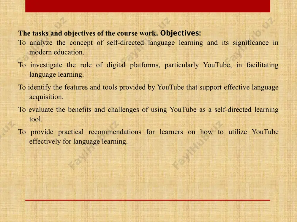 can explore test preparation materials, pronunciation guides, and language immersion tips. 2.2. challenges and effective strategies for using youtube in language learning using youtube for language learning comes with a range of benefits, but it also presents certain challenges. one of the primary difficulties learners face is the overwhelming amount of content available. with millions of videos uploaded daily, it can be challenging to filter through the noise and find high-quality, relevant materials. many learners may struggle with selecting videos that are appropriate for their current language proficiency level. this can result in frustration if the content is too advanced or too simple, hindering progress. additionally, without proper guidance, learners may jump from one video to another without following a structured learning path, which can impede their ability to build a strong foundation in the language.another challenge is the lack of personalized feedback. unlike traditional classroom settings, youtube doesn’t provide …