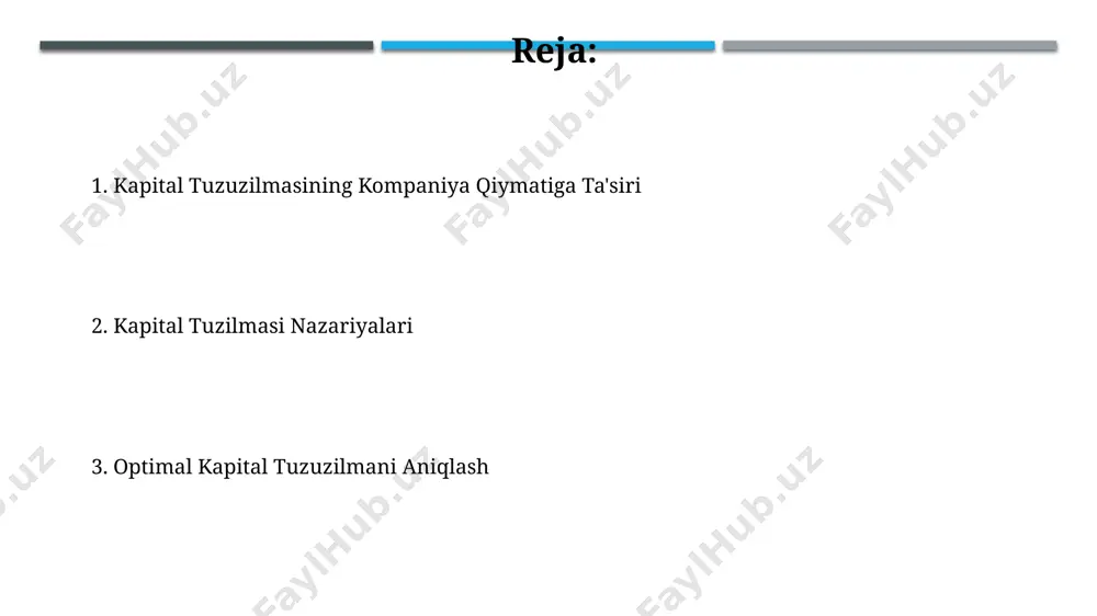 oʻshish (fmv) va wacc (weighted average cost of capital) kabi koʻrsatkichlar kapital strukturasining samaradorligini baholashda muhim rol oʻynaydi. kapital strukturasining ta'rifi kapital strukturasi korxona aktivlarini moliyalashtirish uchun ishlatiladigan qarz va o'z kapitalining nisbatini aks ettiruvchi muhim moliyaviy ko'rsatkich bo'lib, masalan, 70% qarz va 30% o'z kapitali bo'lishi mumkin. kapital strukturasi qarorlari korxonaning soliq stavkalari, investitsiya imkoniyatlari va moliyaviy xavfga bo'lgan munosabati kabi omillarni hisobga olgan holda qabul qilinadi, bu esa 5% dan 15% gacha bo'lgan xavf darajasini belgilashi mumkin. kapital strukturasining optimallashtirish moliyaviy kaldıraç darajasini (debto/kapital nisbati) 1,5 dan yuqori oshirish, soliqdan keyingi daromadning pasayishiga va bankrotlik ehtimolining yuqori bo'lishiga olib kelishi mumkin. kompaniyaning aktivlarining 60% dan ortig'ini o'z kapitali bilan qoplash, moliyaviy barqarorlikni ta'minlaydi va investorlarning ishonchini oshiradi, shu bilan birga daromadlilikni maqbul darajada ushlab turadi. e'tiboringiz uchun rahmat @taqdimot_robot image1.jpg image2.jpg image3.jpg image4.jpg image5.jpg image6.jpg image7.jpg