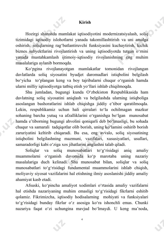 r qanday iqtisodiy ko‘rsatkichning amaliy ta’sirchanligini ta’minlash imkonsizdir. shu bilan bir vaqtda, soliqlarning umumiy nazariyasi masalalari (soliq toifasi tushunchasi, uning obyektiv zarurligi, takror ishlab chiqarishdagi roli, soliqlarning funksiyalari va boshqalar) tahlili haqida fundamental tadqiqotlar mavjud emas. bular quyidagi holatlar bilan bog‘liqdir: birinchidan, bozor munosabatlariga o‘tgunga qadar, soliqlar roli tahlili, ularning hozirgi roli bilan taqqoslaganda, pastroq ahamiyatga ega bo‘lganligi, ikkinchidan, soliqlarning funksiyalari to‘g‘risidagi turlicha talqinlarning mavjudligidir. bularning barchasi shundan guvohlik beradiki, umuman iqtisodiy toifa sifatidagi soliqlarning mohiyati emas, balki byudjet daromadlarini shakllantirish maqsadida kengaytirilgan takror ishlab chiqarish tizimida ularning alohida xususiyatlari va vazifalarigina o‘rganilmoqda. ma’lumki, har qanday iqtisodiy toifaning mohiyati iqtisodiy munosabatlar tarkibini, toifaning o‘ziga xos xususiyatlarini, munosabatlarning asosini va uning ijtimoiy-iqtisodiy tavsifini aniqlashi zarur. soliq tizimi va unga amal qilish mexanizmining umumiy asoslari ishlab chiqilganiga qaramasdan bu sohada ham hal qilinishi bo‘yicha qator chora-tadbirlar amalga oshirilmoqda. soliq tushunchasi paydo bo‘lganidan boshlab, uni joriy qilish va soliq munosabatlarini rivojlantirish bilan muntazam …
