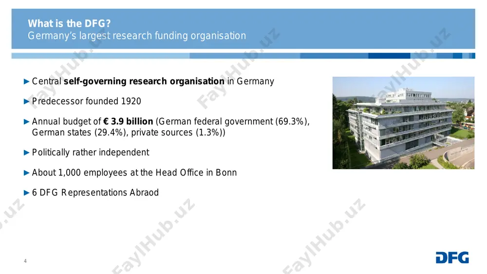 opportunities research grant ► research project on a specifically defined topic within a limited time period ► a research grant can be used to ● staff ● equipment up to €10,000, software and consumables ● travel ● visiting researchers ● mercator fellows (associated with the project over the long term) ● experimental animals ● publication expenses ● funding for instrumentation (€50,000 or more) ► 3 years (6 years) ► no submission deadline ► dfg-guidelines 50.01 dfg, german research foundation - individual research grants part in total funding volume: 34.2 % (2022) 14 https://www.dfg.de/en/research_funding/programmes/individual/research_grants/index.html how does the dfg promote international cooperation? funding opportunities cooperation with official development assistance (oda) recipients ► funding o funding max. 3 years o application by the german partner o dfg funds german part and part in the respective country o project partner is from a country that is eligible to receive oda and is included on …