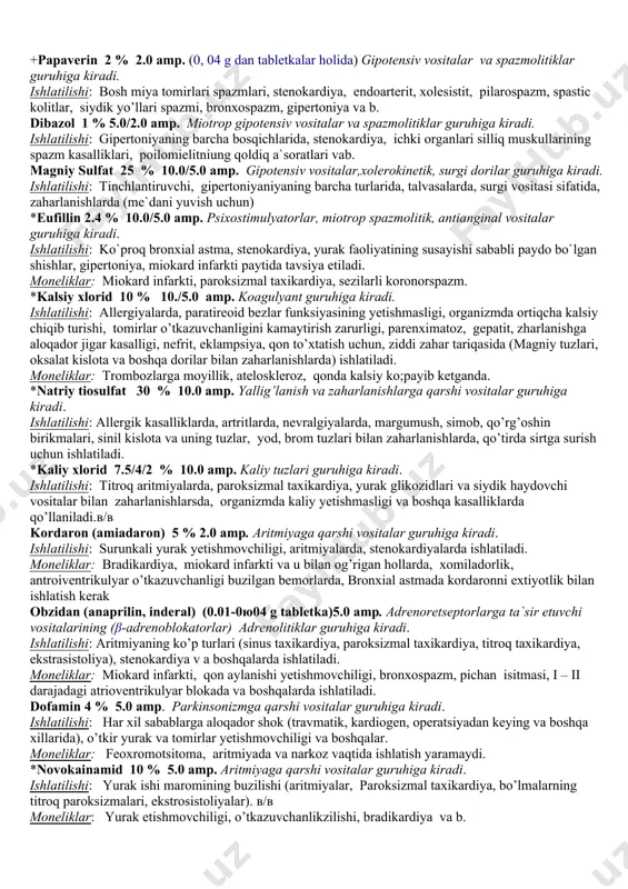 sikozlarda, miasteniya seduksen (sibazon 0.5 % ) 2.0 amp.psixosedativ vositalarining neyroleptiklarga mansub trankvilizatorlar guruhiga kiradi. ishlatilishi: farmakologik ta'siri xilma-xil bo`lib, tinchlantiruvchi ta'siri ko`proq bilinadi. pеrifеrik nеrvlarga (adrеno-xolinergik tizimga) kor qiladi. tana mushaklari tonusini bo`shashtiradi. ko`pincha shizofrеniya, psixastеniya (qo`rqish, tashvish, vahima holatlari bilan davom etadigan hollarda), nеvroz va boshqa holatlarda tavsiya etiladi. bulardan tashqari, gallyutsinatsiya, paranoid va tutqanoqlarda epilepsiya, talvasa sindromi epilepsik statuslarni bartaraf etishda, alkogolizmda va har xil ruhiy asab kasalliklarining turli xillarida ham bеriladi. moneliklar: jigar va buyrak kasalliklarining og’ir formalari, miasteniya, xomiladorlik. droperidol 0.25 % 2.0 amp. psixosedativ vositalarining neyroleptiklar guruhiga kiradi. ishlatilishi: anеstеziologiya amaliyotida nеyrolеpto-analgеziya uchun, asosan fеntanil bilan birga ishlatiladi, shuningdek, shokka va qusishga qarshi, va gipertoniyada ishlatiladi. analgin 50 % 2.0 amp. nonarkotik analgetiklar guruhiga kiradi. ishlatilishi: isitmalarda, turli sabablar bilan kechuvchi og’riqlarda, revmatizm, xoreya va b. dimedrol 1 % 1.0 amp. allergiyalarga qarshi va antigistamin vositalariga mansub. ishlatilishi: turli allergic kasalliklar, parkinsonism, xoreya, me’ner …