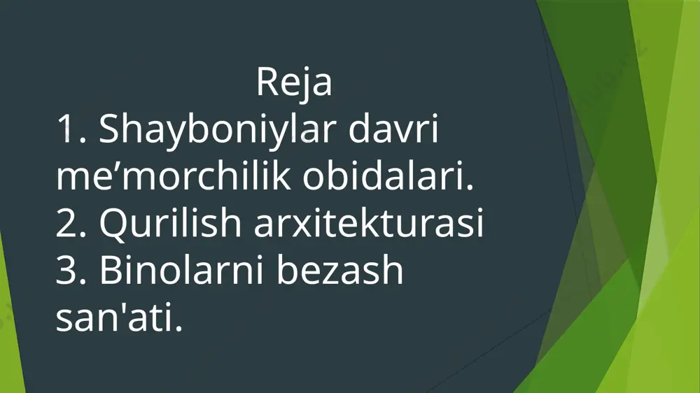 i (1619–1636) qurilgan davr: xvii asr boshlarida. xususiyatlari: madrasa peshtoqida sher tasvirlari bilan bezatilgan boʻlib, bu islomiy meʼmorchilikda kam uchraydigan holatdir. 3. tillakori madrasasi (1646–1660) qurilgan davr: xvii asr oʻrtalarida. xususiyatlari: bu madrasa nafaqat taʼlim maskani, balki masjid sifatida ham xizmat qilgan. uning ichki qismi oltin suvi bilan bezatilgan boʻlib, shuning uchun “tillakori” deb nomlangan. ma’lumki, xiv asr boshlariga kelib, 1236 yilda botuxon tomonidan asos solingan oltin o‘rda davlati ikki qismga bo‘linib ketadi va uning sharqiy qimida oq o‘rda davlati tashkil topadi. ayrim tarixiy manbalarda bu hududlar “o‘zbeklar mamlakati” deb ham eslatiladi. xv asrning o‘rtalariga kelib sharqiy dashti qipchoq hududlarida jo‘jixonning beshinchi o‘g‘li shaybon urug‘idan bo‘lgan abulxayrxon ko‘chmanchi o‘zbeklar davlatiga asos soldi. movarounnahrdagi o‘zaro kurashlardan foydalangan abulxayrxon sirdaryoning o‘rta oqimidagi bir qancha shaharlarni, xorazmning bir qismini bosib olishga erishdi. manbalarning (mulla shodi, “fathnoma”) ma’lumot berishicha 864 hijriy (1459-1460 yy.) yilda abulxayrxonning katta o‘g‘li shohbudog‘ vafot etadi. undan qolgan sakkiz yoshli …