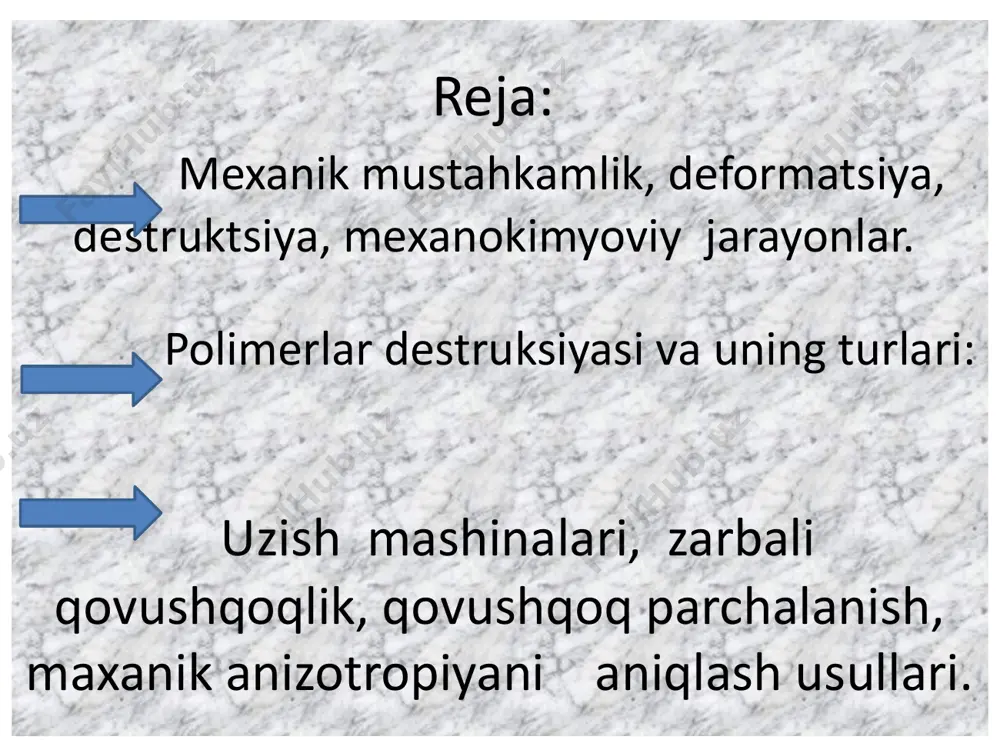 ε kiritilgan bo’lib, u absolyut deformatsiyani jismning boshlang’ich uzunligiga nisbati bilan aniqlanadi. deformatsiya hosil qiluvchi p kuchni shu kuch ta’sir etayotgan ko‘ndalang kesim yuzasi s ga nisbatan deformatsiya kuchlanganligi deyladi, ya’ni, l – qurilmadagi tayanch nuqtalar (prizma) orasidagi masofa p – egilish deformatsiyasini hosil qiluvchi kuch (og’irlik kuchi). p=m∙g e – elastiklik moduli a – sterjenning eni b – sterjenning qalinligi egilish o‘qi polimerlar destruksiyasi va uning turlari: polimer moddalar uzoq vaqt ishlatilishi, qayta ishlash va kimyoviy o’zgarishlar vaqtida turli o’zgarishlarga uchraydi. bunday o’zgarishlar natijasida makromolekulaning kimyoviy tarkibi deyarli o’zgarmaydi. makromolekuladagi asosiy bog’lar uzilib, molekulyar og’irligi kamayadi, bunday o’zgarishlarni destruksiya deyiladi. destruksiya kimyoviy destruksiya – suv, kislota, tuz, kislorod, peroksid va boshqalar: fizikaviy destruksiya – issiqlik, yorug’lik, radiatsiya, ultratovush . biologik destruksiya – chirish va xakozolar kimyoviy destruksiya: polimerlarning kimyoviy destruksiyasi odatda katalizator ishtirokida turli muhitda sodir bo’ladi. agar muhit sifatlaridan foydalanilsa gidroliz, spirtli muxitda olib borilsa alkogoliz, kislotali muxitda …