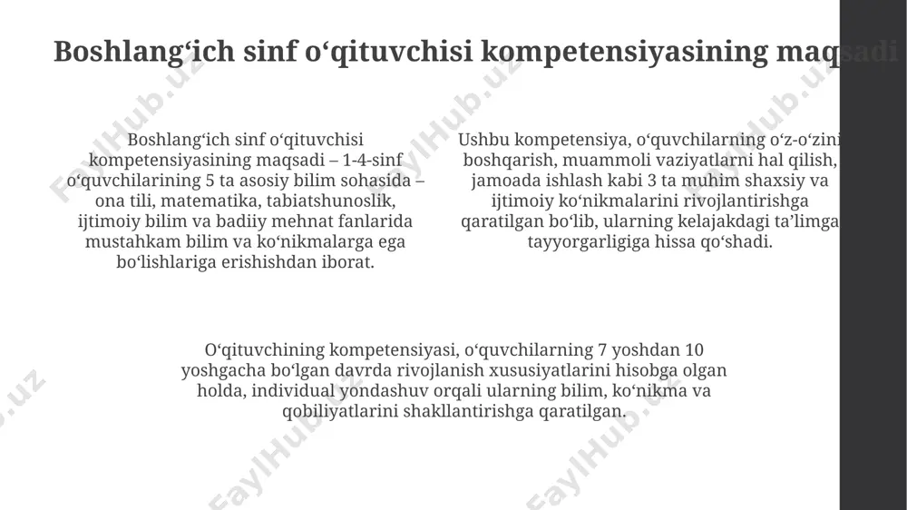 tavsiya etiladi, bu oʻquvchilarning individual ehtiyojlarini qondirishga yordam beradi. sinfda oʻquvchilarning faol ishtiroki darajasini kuzatish va 70% dan ortiq vaqtni interaktiv mashgʻulotlarga bagʻishlash oʻquv jarayonining samaradorligini oshiradi. oʻquv jarayonini samarali tashkil etish uchun 5-10% vaqtdan darsga tayyorgarlikka, 80-90% vaqt esa oʻquvchilar bilan bevosita ishlashga ajratish muhimdir. oʻquvchilarning ijtimoiy-emotsional rivojlanishi ijtimoiy-emotsional rivojlanish dasturi 80% amaliy mashgʻulotlar va 20% nazariy bilimlarni oʻz ichiga olishi, oʻquvchilarning his-tuygʻularini ifoda etish va boshqarish koʻnikmalarini rivojlantirishga qaratilishi lozim. effektiv ijtimoiy-emotsional rivojlanish uchun sinfda kamida 3 ta turli xil oʻyinlar va faoliyatlar qoʻllanilishi, hamda har bir oʻquvchining individual ehtiyojlari hisobga olinishi zarur. oʻquvchilarning ijtimoiy-emotsional rivojlanishi 5-7 yosh oraligʻida oʻz-oʻzini boshqarish koʻnikmalarini, masalan, sabr-toqat va muammolarni hal qilish qobiliyatlarini shakllantirishga qaratilgan boʻlishi kerak. oʻquvchilarning individual ehtiyojlarini qondirish oʻquvchilarning individual ehtiyojlarini aniqlash uchun diagnostik baholash testlari va kuzatuvlar oʻtkazish, natijalarga qarab 5-10 ta individual ta'lim rejasini ishlab chiqish zarur. oʻquvchilarning 20% ga yaqini oʻqishda qiyinchiliklarga duch kelishi mumkin, shuning …