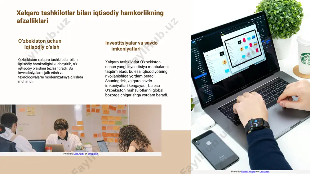 ‘nggi yillarda tez sur’atlar bilan rivojlanmoqda. bu jarayon iqtisodiy va siyosiy muloqotlar orqali amalga oshirilmoqda, bu esa o‘zbekistonning global maydondagi mavqeini mustahkamlashga yordam beradi. yaqindagi rivojlanishlar o‘zbekiston xalqaro tashkilotlar bilan yangi dasturlar va loyihalarni amalga oshirmoqda. bmt va boshqa mintaqaviy tashkilotlar bilan hamkorlikda iqtisodiy rivojlanishni qo‘llab-quvvatlash uchun bir qator tashabbuslar yo‘lga qo‘yilgan. o‘zbekistonning o‘rni o‘zbekiston global iqtisodiy va siyosiy jarayonlarda muhim rol o‘ynamoqda. mintaqaviy barqarorlik va iqtisodiy integratsiyani ta'minlashda o‘zbekistonning strategik hamkorliklari yuqori baholanmoqda. hamkorlik aloqalarining rivojlanishi o‘zbekiston xalqaro tashkilotlar bilan hamkorlik aloqalarini kengaytirish maqsadida faoliyat olib bormoqda. ushbu jarayon iqtisodiy va siyosiy sohalarda ta'sir ko‘rsatib, o‘zbekistonning global maydondagi o‘rnini yanada mustahkamlaydi. o‘zbekistonning istiqbollari o‘zbekistonning xalqaro tashkilotlar bilan hamkorlikdagi istiqbollari iqtisodiy, ijtimoiy va siyosiy jihatlarni qamrab oladi. ushbu hamkorliklar mamlakatning global iqtisodiyotda o‘z o‘rnini mustahkamlashga yordam beradi. amalga oshirilishi mumkin bo‘lgan strategiyalar o‘zbekiston xalqaro tashkilotlar bilan hamkorlikni kuchaytirish uchun bir qator strategiyalarni amalga oshirishi mumkin. bular qatoriga: 1) ta’lim va …