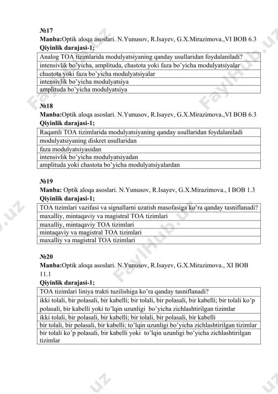 yu.yunusov.,1-laboratoriya ishi qiyinlik darajasi-1; optik tola qanday materialdan tayyorlanadi? kvarts shishasi (sio2) dan va polimerlardan ge dan ingaas dan inp dan №24 manba:optik aloqa izimlari. g.x.mirazimova, n.yu.yunusov.,1-laboratoriya ishi qiyinlik darajasi-1; optik tola qanday tuzilgan? o’zak, qobiq va tashqi plastik qoplamdan o’zak va qobiqdan qobiq va tashqi plastik qoplamdan tashqi plastik qoplamdan №25 manba:optik aloqa izimlari. g.x.mirazimova, n.yu.yunusov.,1-laboratoriya ishi qiyinlik darajasi-1; optik signallarni uzatishda yorug’likning qaysi to’lqin uzunliklaridan foydalaniladi? 1,55 mkm;1,3 mkm; 0,85 mkm li to’lqin uzunliklaridan 1,8 mkm;1,3 mkm li to’lqin uzunliklaridan 1,55 mkm;1,6 mkm li to’lqin uzunliklaridan 2 mkm; 6 mkm li to’lqin uzunliklaridan №26 manba:optik aloqa izimlari. g.x.mirazimova, n.yu.yunusov.,1-laboratoriya ishi qiyinlik darajasi-1; qaysi shart bajarilganda yorug’lik nuri faqat o’zak bo’ylab tarqaladi? n1 > n2 n1 = n2 n1 - = n 1 2 w w h - = n h p p 1 2 - = n 1 2 p p h - = n mkm 10 - …