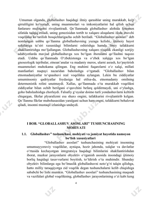 urlarni boyitish, to‘ldirish o‘ta muhimdir. shunday obyektiv bilimlarga ega bo‘lmaslik globallashuvni noto‘g‘ri talqin qilishga, hatto milliy taraqqiyotga zid voqelik degan tushunchalarni kelib chiqishiga sababchi bo`lishi mumkin. “globallashuv asoslari” tushunchasining maqsadi va vazifalari global voqelikning, globallashuv jarayonlarining o‘zi kabi keng hamda globaldir. u hal etishi zarur bo‘lgan dolzarb masalalar quyidagi yo‘nalishdan iborat: 1) umuminsoniy, umumsayyoraviy muammolar; 2) milliy, etnomadaniy, etnosotsial muammolar; 3) ushbu ikki yo‘nalishni ijtimoiy va inson taraqqiyoti nuqtayi nazaridan uyg‘un- lashtirib, sinergetik jihatdan tadqiq etishdir. bu muammolarni turlicha talqin etish mumkin. masalan, umuminsoniy, umumsayyoraviy muammolarning o‘zi nima? ular qaysi jihatlariga muvofiq global ahamiyatga ega? kim ularni keltirib chiqaryapti? nega ularni jilovlash, regulyatsiya qilish mumkin emas? ilm-fan, xususan, ijtimoiy falsafa bu borada nimalar deyapti? bu savollarning birortasiga aniq javob yo‘q. ularga javobni “globallashuv asoslari” kabi ilm sohalari berishi kerak. biroq bu sohadagi ilmiy-tadqiqotlar endigina boshlanmoqda. ushbu ilmiy-nazariy muammolar endi ochiq, ilmiy muhokama qilinishi, obyektiv, predmetning tub xususiyatlaridan kelib chiqib tahlil …
