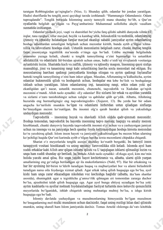 bo‘lsak, u mazmunan alloh insonga in’om etgan va doimiy mustahkam tamoyillarga, aniq negizlarga asoslanadigan inson mohiyati bo‘yicha tenglikdan farq qiladi. alloh taolo aytadiki: «ey odamlar! sizlarni bir jondan yaratgan va undan uning juftini yaratib, ikkovlaridan ko‘plab erkagu ayollar № 9 seminar mashg’ulot mavzu: islom qadriyatlari va ma’rifatining hozirgi davrdagi ahamiyati ishning maqsadi: r e j a: 1. islom dinida ijtimoiy tenglik, adolat, bag`rikenglik va vatanparvarlik gʻoyalarining mohiyati. islomda inson huquqlari haqida. 2. shariat muxofazasidagi besh qadriyat: din, hayot, aql, mulk va nasl. 3. islomda atrof muhitni muhofaza qilishning ustuvor yoʻnalashlari. 4. islom dini nikoh va oilaviy munosabatlar, er-xotinning huquq va majburiyatlari haqida. 5. islom arxitekturasi. 2 taratgan robbingizdan qo‘rqinglar!» (niso, 1). shunday qilib, odamlar bir jondan yaratilgan. hadisi shariflarda bu tenglik asosi quyidagi tarzda izohlanadi: “hammangiz odamdansiz. odam tuproqdandir”. tenglik borasida islomning asosiy tamoyili mana shunday bo‘lib, u qur’on oyatlarida belgilab qo‘yilgan va payg‘ambarimiz muhammad sollollohu alayhi vasallam sunnatida izohlangan. …