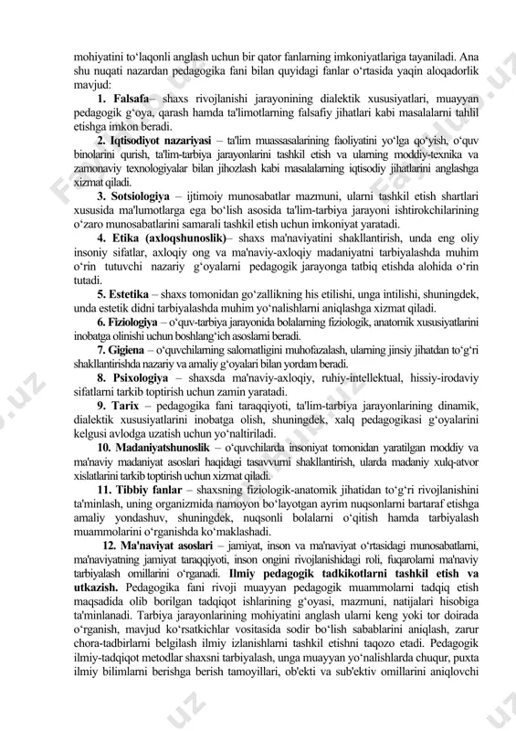 qituvchilarning kasbiy mahoratlarini oshirish, takomillashtirish muammolarini o‘rganadi. 8. pedagogik texnologiya– ta'lim va tarbiya jarayonida zamonaviy pedagogik texnologiyalarni qo‘llash, texnologik yondashuv asosida ta'lim va tarbiya jarayonining samaradorligini oshirish muammolarini o‘rganadi. 9. ijtimoiy pedagogika– shaxsni ijtimoiylashtirish jarayoniga salbiy ta'sir etuvchi omillarni, ularni bartaraf etish yo‘llarini, ijtimoiy yordamga muhtoj shaxslar toifalariga ko‘rsatiladigan ijtimoiy-pedagogik yordam mohiyatini, turlari. shakl, metod va vositalarini o‘rganadi. 10. kasbiy pedagogika– ta'lim oluvchilarga muayyan kasb yoki hunar yo‘nalishida maxsus bilimlarni berish asosida ularda amaliy ko‘nikma hamda malakalarni shakllantirish, kasbiy faoliyatni malakali tashkil etish, kasbiy mahoratni takomillashtirish masalalarini o‘rganadi. 11.ta'lim menejmenti– ta'lim muassasalarining faoliyatini yo‘lga qo‘yish, boshqarish, nazorat qilish, istiqbolni belgilash masalalarini o‘rganadi. 12. qiyosiy pedagogika– turli xalqlarning shaxsni tarbiyalashga oid pedagogik qarashlari, ta'lim-tarbiya tizimi, pedagogik ta'limotlarning mohiyati, shuningdek, jahon ta'limiga xos bo‘lgan samarali shakl, metod, vosita va innovatsion yondashuvlarni qiyosiy-genetik jihatdan o‘rganadi. 13. konfliktologiya – ta'lim jarayonida yuzaga keladigan pedagogik muammolar, ta'lim ouvchi va ta'lim beruvchi o‘rtasida yuzaga kelgan ziddiyatlar …