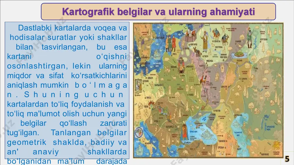 lari va operativ kartalarini tuzishda miqdor ko‘rsatkichlari tasvirlaydigan chiziqlar masshtab asosida aniq ko‘rsatiladi. harakatdagi chiziqlar usuli u s h b u u s u l v o q e a v a h o d i s a l a r n i n g h a r a k a t yo‘nalishining sifat ko‘rsatkichlarini tasvirlashda qo‘ l laniladi. bu usuldan ko‘proq tabiiy, harbiy va tarixiy kartalarda foydalaniladi. har xil tasvirlash usullarini qo'shib tasvirlash tabiiy va ijtimoiy-iqtisodiy kompleks kartalar tuzishda bir necha xil usul, oddiy kartalarda esa deyarli bir xil usullar ishlatiladi. usullarni birga qo‘ shib i s h l a t i s h k a r t a n i n g m a q s a d v a mazmuniga bog‘liqdir. karta tuzishda ikki yoki uch usul qo‘shib ishlatilsa, yaxshi natija beradi. lekin kartaning o‘ qilishi susayishi mumkin, ammo tasvirlangan voqea- hodisalarning mazmunini boyitadi. masalan, belgilar, chiziqli …