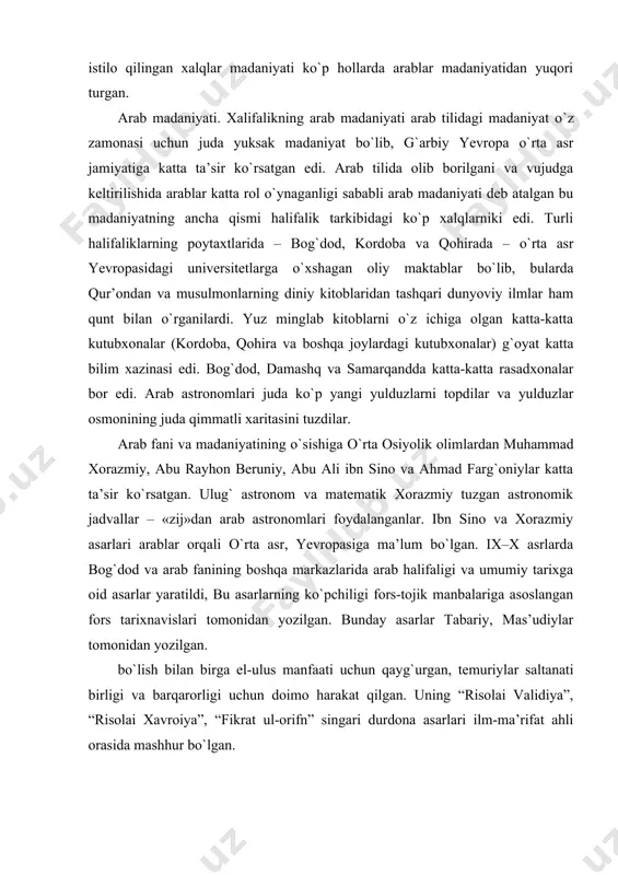 shqa markazlarida arab halifaligi va umumiy tarixga оid asarlar yaratildi, bu asarlarning ko`pchiligi fоrs-tоjik manbalariga asоslangan fоrs tarixnavislari tоmоnidan yozilgan. bunday asarlar tabariy, mas’udiylar tоmоnidan yozilgan. bo`lish bilan birga el-ulus manfaati uchun qayg`urgan, temuriylar saltanati birligi va barqarоrligi uchun dоimо harakat qilgan. uning “risоlai validiya”, “risоlai xavrоiya”, “fikrat ul-оrifn” singari durdоna asarlari ilm-ma’rifat ahli оrasida mashhur bo`lgan. temuriy davrida miniatyura san’atining shakllanishi sharq miniatyura san’ati o`ta nafsligi, ranglarning uyg`unligi, ramziy ma’nolarga boyligi bilan jahonni hamon hayratga solib kelmoqda. sohibqiron amir temur fan va madaniyatning ko`pgina sohalari qatori kitobat va miniatyura san’atiga ham katta e’tibor bilan qaragan. uning davrida samarqand va boshqa hududlarda gullab-yashnay boshlagan bu san’at amir temur avlodlari davrida yuksak cho`qqilarga ko`tarildi. amir temur va temuriylar davri tasviriy san’at sohasida biz avvalo mazkur davr tarixnafslari yozib qoldirgan asarlar orqali ta sav vurga egamiz. chunonchi, mavlono sharafddin ali yazdiy, xon damir abdurozzoq samarqandiy, davlatshoh samarqandiy, zahi riddin muhammad bobur, mirza …