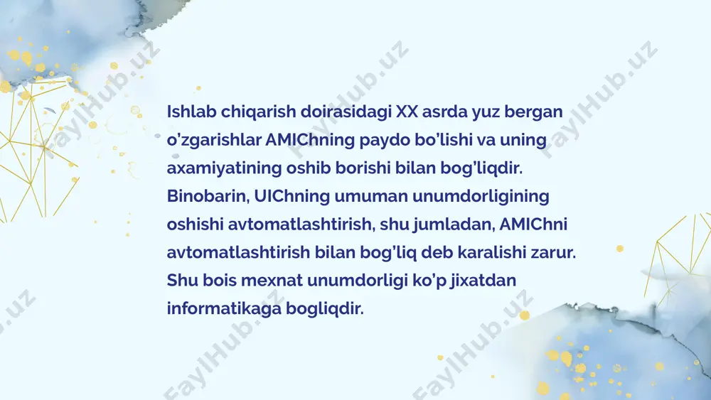 ga xozirgi kunda ingformatika masalalarini o’rganishda muxim o’rin yegallaydi. insoniyatni o’rab tturgan muxit o’z xizmatlariga ko’ra turlichadir – tabiy siyosiy, ijtimoiy, milliy va oylaviy ruxiy bo’lishi munkin. aniqrog’i bular xar birimiz yash bir butun muxitninig tekisliklaridir. mazkur tekisliklarining markazida axborotli muxit turadi va u barcha axborotli odimlarni boshqaradi: voqealikning moddiy axborotli muxitni boshqarish vositalari – yenergetik tamonlarini to’ldiradi, rivojlantiradi va bunda u turli ijtimoiy faktorlar bilan chambarchas bog’liq bo’ladi. axborotli muxitning tabiyatni tushunishda axborotning bilimga aylanishini o’rganish katta ahamiyatga yega. bir qarashda bir xildak tuyiladi ammmo ular munosabatini chuqurroq o’rganishda axborotda bilimning kommunikativ «boshqa vositalar» o’rtasidagi bog’liqlik xususiyati borligini ko’ramiz. jamiyatning axborot resurslari boshqa material resurslari kabi strategic ahamiyatga egadir.ammo axborot resurslari va boshqa turdagi resurslar o’rtasida juda muhim farq mavjud: axborot resursidan boshqa har qanday resurs foydalanilgandan keyin yo’qoladi (yoqilg’ini yoqish, sarflangan mablag’ va b.), axborot resursi esa kamaymaydi, aksincha ortib boradi.undan ko’p marta foydalanish, cheksiz marta nusxa ko’chirish …