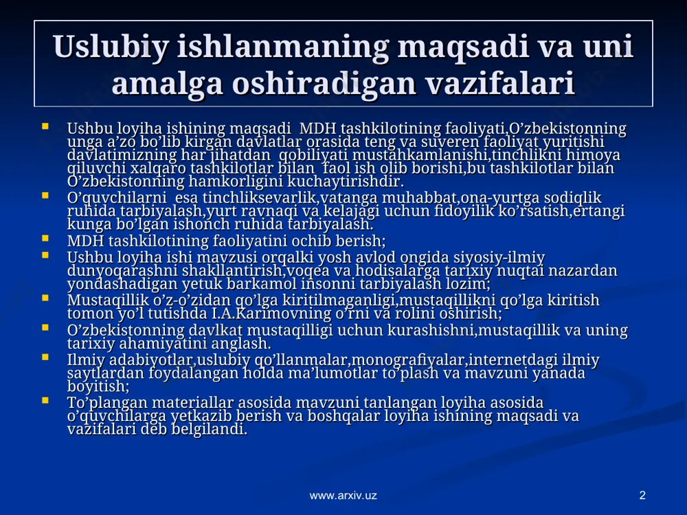 nga bo’lgan ishonch ruhida tarbiyalash. mdh tashkilotining faoliyatini ochib berish; ushbu loyiha ishi mavzusi orqalki yosh avlod ongida siyosiy-ilmiy dunyoqarashni shakllantirish,voqea va hodisalarga tarixiy nuqtai nazardan yondashadigan yetuk barkamol insonni tarbiyalash lozim; mustaqillik o’z-o’zidan qo’lga kiritilmaganligi,mustaqillikni qo’lga kiritish tomon yo’l tutishda i.a.karimovning o’rni va rolini oshirish; o’zbekistonning davlkat mustaqilligi uchun kurashishni,mustaqillik va uning tarixiy ahamiyatini anglash. ilmiy adabiyotlar,uslubiy qo’llanmalar,monografiyalar,internetdagi ilmiy saytlardan foydalangan holda ma’lumotlar to’plash va mavzuni yanada boyitish; to’plangan materiallar asosida mavzuni tanlangan loyiha asosida o’quvchilarga yetkazib berish va boshqalar loyiha ishining maqsadi va vazifalari deb belgilandi. www.arxiv.uz www.arxiv.uz * uslubiy ishlanmaning amaliy ahamiyati. mazkur loyiha ishidan amaliyotda quyidagicha foydalanish mumkin : mavzu bo’yicha dars ishlanmasi tayyorlanadi; mavzu bo’yicha ko’rgazmali qurollar,plakat,slaydlar,test va jadvallar tayyorlanadi; elektron darslik tayyorlanadi hamda yuqori saviyadagi dars tashkil etiladi; ushbu holatlarda dars o’tish va natijaga erishish yuqori samara berib,qo’yilgan maqsadga erishish 90-100%ni tashkil etadi; loyiha ishi o’quvchilarga dars mashg’ulotlarini namunali tashkil etish va o’tish uchun …