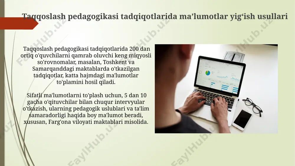 shtirib, jahon miqyosidagi 5 ta yirik o'quv dasturlarining samaradorligini baholashda qo'llanilishi mumkin. taqqoslash pedagogikasi tadqiqotlarining natijalarini umumlashtirish taqqoslash pedagogikasi tadqiqotlarining umumlashtirilgan natijalari, 2022 yilda 3 ta turli mintaqada (toshkent, samarqand, buxoro) o'tkazilgan eksperimentlar asosida, innovatsion pedagogik yondashuvlarning ta'sirini 4 ball shkalasi bo'yicha baholash imkonini berdi. taqqoslash pedagogikasi bo'yicha 2010-2020 yillar oralig'ida o'tkazilgan 50 dan ortiq tadqiqot natijalarini umumlashtirish natijasida, o'zbekiston va rossiya maktablarida o'qitish uslublarining 3 ta asosiy farqi aniqlangan. e'tiboringiz uchun rahmat @taqdimot_robot image1.jpg image2.jpg image3.jpg image4.jpg image5.jpg image6.jpg image7.jpg image8.jpg image9.jpg image10.jpg image11.jpg image12.jpg