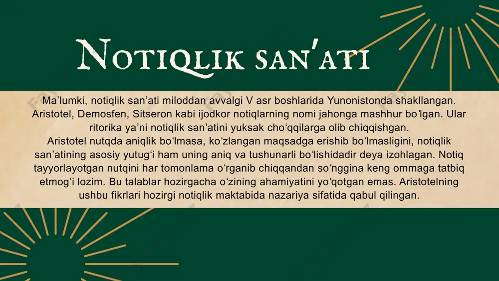 an’atiga qiziqqan har bir kishi faqat ritorika ilmiga oid ibtidoiy bilimlar bilan cheklanmasdan va o‘zining tabiiy iste’dodiga ishonib qolmasdan, doimo turli fanlami o‘qib-o‘rganmog‘i, ilm va madaniyatning yuqori cho‘qqilariga intilmog‘i darkor. bundan tashqari, «notiqlar haqida» asarining muallifi notiqlarning odamlar diliga qo'rquv, g‘azab va qaygu sola bilishi va aksincha, bu xildagi hayajonli holatlardan kishilarni xalos qilib, ularning ruhida xotirjamlik, mehr-shafqat hislarini uyg'ota olishi kerakligini ta’kidlaydi. uning fikricha, agar notiq odamlarning turli-tuman xarakterlarini sezmasa, inson tabiatidagi umumiy xususiyatlarni bilm asa va har bir kishini goh bezovta qiladigan, goh tinchlantiradigan sabablarni tushunmasa hech-qachon o‘zining maqsadaga erisha olmaydi "notiqlar haqida"asari quintilian, "institutio oratoria" rim oratori va pedagogi quintilianusning "institutio oratoria" asari notiqlik san’ati bo‘yicha eng keng qamrovli va tizimli asarlardan biridir. asarda quintilian oratorlikni faqat so‘zlarni samarali ishlatish bilan bog‘lamaydi, balki axloqiy me’yorlarni, odamning ma'naviy kamolotini va nutqni tarbiyalovchi sifatlarini ham muhim deb hisoblaydi. "institutio oratoria" jami o‘n ikki kitobda"institutio oratoria" quintilianning ta'limotiga ko‘ra, oratorlar …
