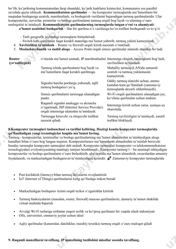 sertifikatlashga tayyorgarlik uchun yaxshiroq, lekin kompyuter resurslariga talab yuqori. 5. cisco packet tracer simulyatori imkoniyatlari nimadan iborat? kompyuter tarmoqlarining rivojlanishiga muhim hissa qo‘shgan olimlar haqida ma’lumot bering. cisco packet tracer — bu cisco systems tomonidan ishlab chiqilgan kuchli tarmoq simulyatsiya vositasi bo‘lib, u foydalanuvchilarga virtual muhitda kompyuter tarmoqlarini yaratish, sozlash va sinovdan o‘tkazish i m k o n i n i b e r a d i . 📌 1. tarmoq qurilmalarini virtual modellashtirish  router, switch, hub, firewall, server, pc, laptop kabi qurilmalarni yaratish va ularni ulash.  har bir qurilmaning konfiguratsiyasini amalga oshirish (ip manzillar, vlan, dhcp, nat, routing, acl va boshqalar). 📌 2. turli tarmoq protokollarini o‘rganish  telnet, ssh, http, dns, dhcp, ftp, smtp, rip, ospf, eigrp, stp va boshqa ko‘plab protokollarni modellashtirish.  har bir protokol qanday ishlashini kuzatish, sinovdan o‘tkazish va tahlil qilish. 📌 3. real vaqt va simulyatsiya rejimida ishlash  real-time rejimda …