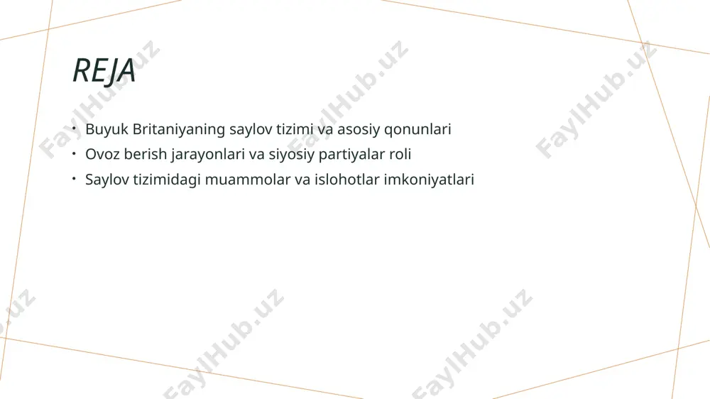 tivalarni taklif etadi, ularning yutishi va yo'qolishi davlat siyosatiga ta'sir qiladi. 3 siyosiy raqobat partiyalar o'rtasidagi raqobat demokratiya jarayonini kuchaytiradi, yangi g'oyalar va siyosiy platformalarni ishlab chiqishga undaydi. 4 keng jamoatchilik ta'siri partiyalar va ularning siyosiy strategiyalari jamoatchilik fikriga ta'sir qilib, umumiy davlat siyosatini shakllantiradi. saylov tizimidagi muammolar va islohotlar uchun takliflar va imkoniyatlar 01 saylov tizimidagi muammolar hozirgi saylov tizimlari adolatli va ishonchli bo'lishi uchun muhim muammolarni hal qilish zarur, masalan, ovozlar taqsimotidagi nomutanosibliklar va siyosiy ta'sirlar. 02 islohot takliflari siyosiy va texnologik o'zgarishlar orqali saylov tizimini rivojlantirish, ovoz berish jarayonini shaffaf va qulay qilish bo'yicha takliflar ishlab chiqilmoqda. 03 imkoniyatlar va kelajak yangi qonunlar va texnologik innovatsiyalar yordamida saylovlarning adolatli, samarali va keng qamrovli bo'lishi uchun yangi imkoniyatlar mavjud. buyuk britaniyada ovoz berish jarayonining asosiy qoidalari va tartiblariga kirish 1 saylov jarayonining bosqichlari buyuk britaniyada saylovlar tartibga solingan qoidalar va bosqichlardan iborat. nomzodlar ro'yxatdan o'tkaziladi, ovoz berish joylari …