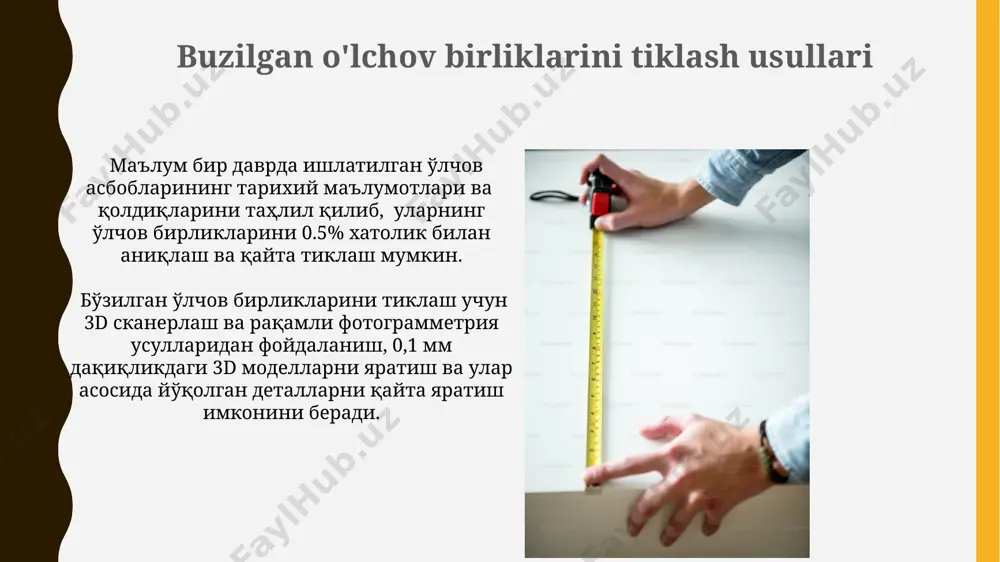aro birliklar tizimi (si) si tizimi 7 ta asosiy birlikdan iborat bo'lib, ularning orasida uzunlik (metr), massa (kilogramm), vaqt (sekund) kabi fundamental kattaliklar mavjud. si tizimining afzalligi shundaki, u o'lchov birliklarining o'zaro bog'liqligi va konvertatsiya qilishni soddalashtirib, 10 ning darajalari asosida qurilgan bo'lib, hisob-kitoblarni osonlashtiradi. raqamli o'lchov texnologiyalari raqamli o'lchov tizimlarining ishlash muddati 10 yildan oshadi va ular kam energiya iste'mol qiladi, bu esa iqtisodiy samaradorlikni oshiradi. raqamli o'lchov texnologiyalari yuqori aniqlikdagi 0,01 mm gacha bo'lgan o'lchamlarni aniqlash imkonini beradi, bu esa ishlab chiqarish jarayonlarini avtomatlashtirish va sifatni nazorat qilishni yaxshilaydi. tarixiy o'lchov birliklari qadimgi misrda uzunlik oʻlchovi sifatida "qiyob" (taxminan 52,4 sm) qoʻllanilgan boʻlib, uning 7 ga boʻlingan qismi esa "qoʻl" (taxminan 7,5 sm) deb atalgan. bu birliklar nil daryosi toshqinlarini oʻlchashda muhim rol oʻynagan. oʻrta asrlarda turli xalqlar oʻzlarining oʻlchov birliklarini qoʻllagan, masalan, uzunlikni oʻlchashda "qadam", "arsa", "mil" kabi turlicha nomlar va oʻlchamlar mavjud boʻlib, bu savdo va …