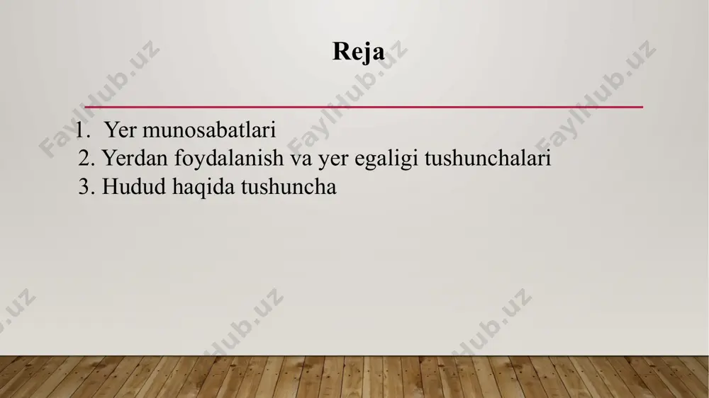 os ravishda o‘zgartirish bilan bog‘liq tubdan qayta ko‘rishdir. shunday qilib yer isloxoti – bu davlat tomonidan tartibga solinuvchi va nazorat qilinuvchi, uning yer siyosatinining umumiy ko‘rinishini o‘zida mujassamlashtiruvchi yangi yer tuzumga o‘tish jarayonidir. isloxot yer egaliklari va yerdan foydalanishlarning, yerga bo‘lgan mulkchilikning yangi shakllariga nisbatan tez va qiyinchiliklarsiz o‘tishni ta’minlovchi huquqiy, iqtisodiy, texnik va tashkiliy choralar majmuasini amalga oshirishni nazarda tutadi. yer isloxoti davrida quyidagi asosiy masalalar yechilishi kerak: yerga bo‘lgan davlat mulkchiligi yakka hokimligini tugatish; fuqaroning yer olishga bo‘lgan huquqlarini amalga oshirish; bozor shaklidagi yer munosabatlariga o‘tish; yer resurslarini boshqarishning og‘irlik markazini mahalliy hokimiyat organlariga ko‘chirish (detsentralizatsiya); qonuniy ruxsat etilgan yer egaliklari va yerdan foydalanuvchilarning barcha shakllarining erkin rivojlanishini ta’minlash; atrof muhitni muhofaza qilish sohasidagi ahamiyatli ustivorliklarni ta’minlash. etiboringiz uchun raxmat image2.jpeg image3.jpg image4.jpg image5.jfif image1.jpg /docprops/thumbnail.jpeg