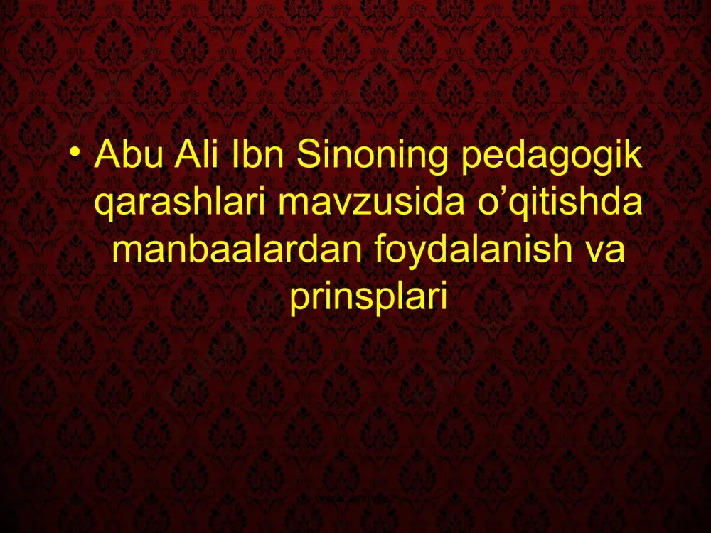 uxoroda ko`plab maktab, madrasa, kasalxona va nodir kitoblar saqlanadigan kutubxona bo`lgan. www.arxiv.uz www.arxiv.uz jahonning turli mamlakatlaridan kelgan olimlarning ilmiy munozaralarida yosh ibn sino ham qatnashib, turli fanlarga oid bilimlarini chuqurlashtirib borgan. u ustozlaridan hind hisobi, fiqhdan bilim olgan. keyin esa faylasuf abu abdulloh notiliydan falsafa, mantiq, handasa va boshqa fanlardan ta`lim oladi. shundan so`ng ibn sino o`zi mustaqil holda barcha fanlar bilan shug`ullana boshlaydi. u ayniqsa tib ilmini chuqur egallab oladi, bu sohada unga ta`lim bergan kishi buxorolik abu mansur kamariy bo`ldi. ibn sino so`ngra falsafani o`rganishga kirishadi. ayniqsa, aristotel falsafasini, uning «metafizika» asari mohiyatini buyuk mutafakkir abu nasr forobiyning yozgan sharhi tufayli to`liq o`zlashtirib oladi. www.arxiv.uz www.arxiv.uz ix asr oxiri – x asr boshlariga kelib, o`lkada siyosiy-ijtimoiy vaziyat murakkablashdi. shu tufayli ibn sino xorazmga – urganchga ko`chib o`tadi. xorazmda u bir qator olimlar bilan hamkorlikda abu rayhon beruniy boshqarayotgan «ma`mun akademiyasi»da ilmiy ish bilan shug`ullana boshlaydi. xorazmda o`zining yirik …