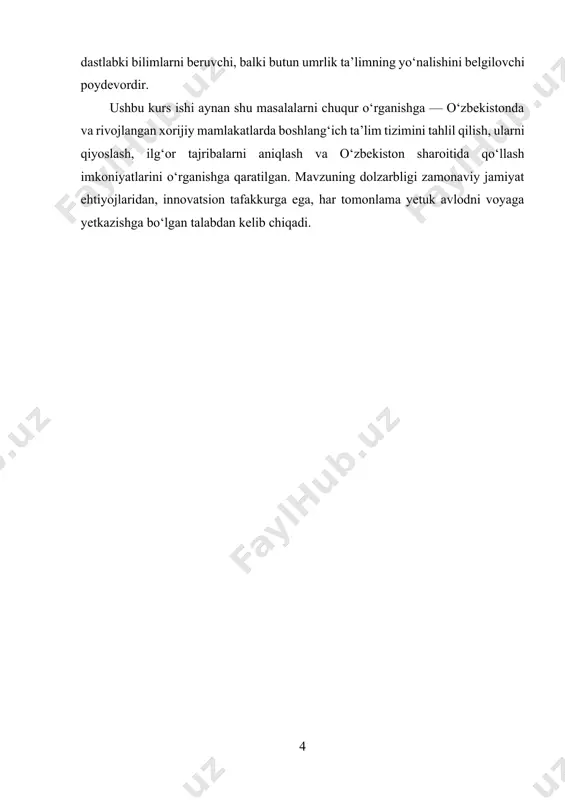 hilarining malakasini oshirishga alohida e’tibor qaratildi. shuningdek, steam ta’limi, clil texnologiyasi, faol va interaktiv metodlar kabi zamonaviy yondashuvlar amaliyotga joriy etilmoqda. hozirda boshlang‘ich ta’lim 4 yillik bo‘lib, 1–4-sinflarni o‘z ichiga oladi. darslar asosan ona tili, matematika, atrof-muhit, texnologiya, tasviriy san’at, musiqa, jismoniy tarbiya va axloqiy tarbiya kabi fanlardan olib boriladi. o‘quvchilarda mantiqiy fikrlash, estetik did, mehnatga bo‘lgan munosabat va ijtimoiy faollikni rivojlantirishga alohida e’tibor beriladi. boshlang‘ich ta’lim tizimining asosiy xususiyatlaridan biri bu — o‘quvchilarning yosh va psixologik xususiyatlarini hisobga olgan holda individual yondashuvga asoslangan ta’lim jarayonining yo‘lga qo‘yilganidir. shu bilan birga, ko‘pchilik maktablarda sinfdan tashqari mashg‘ulotlar, iqtidorli bolalar bilan alohida ishlash, korektsion (korreksion) mashg‘ulotlar kabi tizimlar ham yo‘lga qo‘yilmoqda. bu esa har bir bolaning o‘z salohiyatini to‘liq namoyon etishiga yordam bermoqda. shuningdek, boshlang‘ich ta’lim tizimi muammolardan butunlay xoli emas. ba’zi joylarda o‘qituvchilar yetishmovchiligi, darsliklar va o‘quv-metodik materiallar sifati, sinfxonalar jihozlanish darajasi yetarli emasligi kuzatilmoqda. biroq bu muammolar bosqichma-bosqich hal qilinmoqda. …