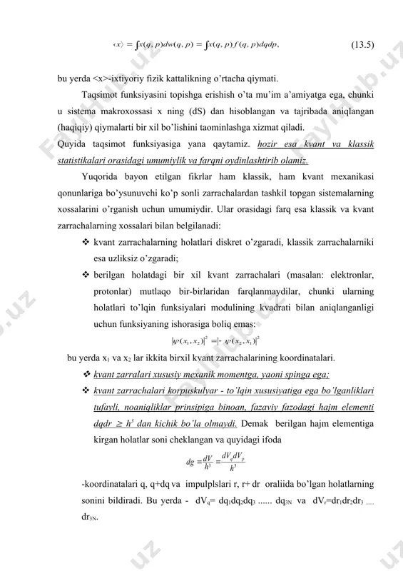 t elektronlarining o’rtacha energiyasi ni tashkil etadi. shuning uchun ham metallarning issiqlik siimiga elektronlar o’z xissalarini amalda qo’shmaydilar, chunki ularning xolati harorat o’zgarishi bilan sezilarli o’zgarmaydi. masalan, metallning harorati 1300 k ga ortganda elektronlarning energiyasi atiga ev ga o’zgaradi. elektronning haroratga boliq bo’lmagan holatlarini aynigan holatlar deyiladi. bu xolatlardagi elektronlarni esa alayonlangan deyiladi. demak, t=0 k da metallning erkin elektronlari alayonlangan va aynigan holatlarda bo’ladi. yuqoridagilardan, kvant mexanikasi qonunlariga bo’yso’nadigan, ko’p sonli zarrachalardan tashkil topgan sistemalarning makroxossalarini kvant statistikasi yordamida aniqlash zarur degan xulosa kelib chiqadi. adabiyotlar 1. a.a.detlaf. yavorskiy b.m. kurs fiziki, m.1989. 2. o.axmadjonov. fizika kursi, 3 k. t. 1989. 9 bob 3. t.i.trofimova. kurs fiziki, m. 1985. 4. i.v.savelev. kurs obshey fiziki, 3. t. m.1998. www.pedagog.uz www.ziyonet.uz _1438630343.unknown _1438630351.unknown _1438630355.unknown _1438630357.unknown _1438630359.unknown _1438630360.unknown _1438630361.unknown _1438630358.unknown _1438630356.unknown _1438630353.doc _1438630354.unknown _1438630352.unknown _1438630347.unknown _1438630349.unknown _1438630350.doc _1438630348.unknown _1438630345.unknown _1438630346.unknown _1438630344.unknown _1438630335.unknown _1438630339.unknown _1438630341.unknown _1438630342.unknown _1438630340.unknown _1438630337.unknown _1438630338.doc _1438630336.unknown _1438630331.unknown _1438630333.unknown _1438630334.unknown …