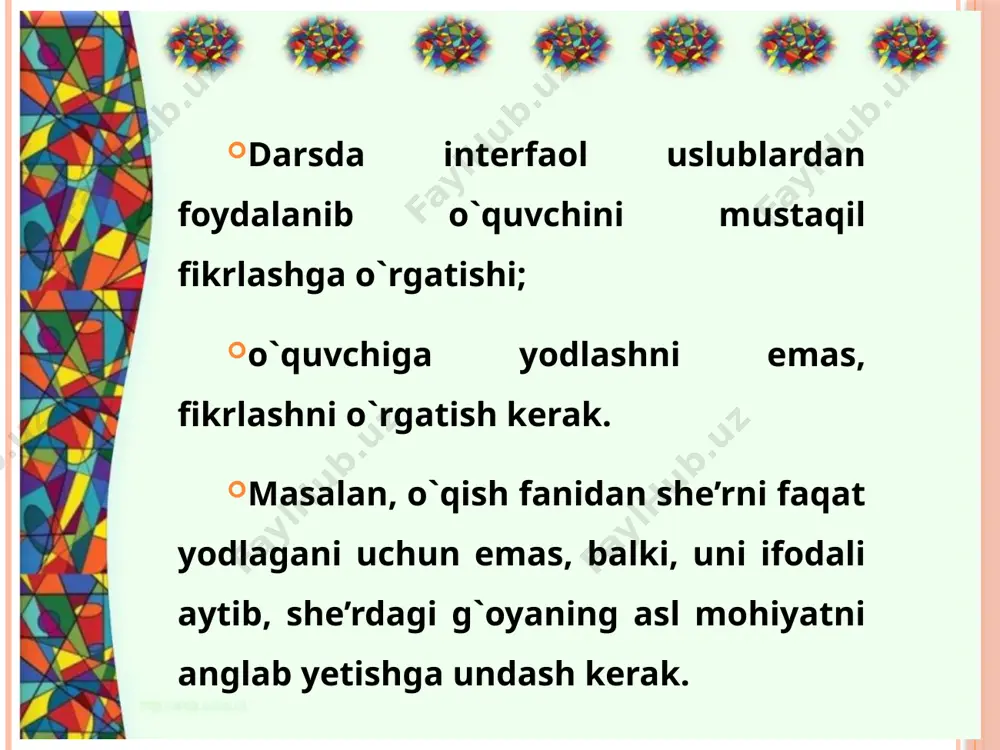 .d.r, ch .r.y.l.d.n ch.r.y.l. sh. m.k.n.m b.x.t.m.d.r. katakdagi harfni top! b o r b r b r b r b r bo’g’inlarni birlashtirib so`zni tez o’qish “o`ng va chap” ambidekstriya - tug'ma yoki etakchi qo'lni ta'kidlamasdan, ikkala qo'lning funktsiyalarini teng ravishda ishlab chiqishda va odamning o'ng va chap qo'l bilan harakatlarni bir xil tezlik va samaradorlik bilan bajarish qobiliyatini tarbiyalashda ishlab chiqilgan ⠀ miyani yaxshi ishlashi uchun biz ikkala qo'lning o'zaro ta'sirini sinfda turli mashqlar, shu jumladan ikki qo'l bilan chizish bilan mashq qilamiz ⠀ «sinf → i qavat→ maktab → zebo ko’chasi→ qibray tuman→ toshkent viloyat→ o`zbekiston respublikasi→ yevroosiyo materigi→ shimoliy yarim sharlar→ yer sayyorasi→ quyosh sistemasi → somon yo'li galaktikasi→ koinot». "tizimli lift" misolidan foydalanib, “tabiatshunoslik” darsida quyosh tizimi (4-sinf) bilan tanishishda biz kerakli bilimlarni yangilaymiz va yangi materialni o'rganishga o'tamiz: topishmoqlar tuzish algoritmi kitob haqida topishmoq: nimaga o`xshaydi? farqi nimada? yaproqli daraxt emas yetakli ko’ylak emas so`zlaydi …