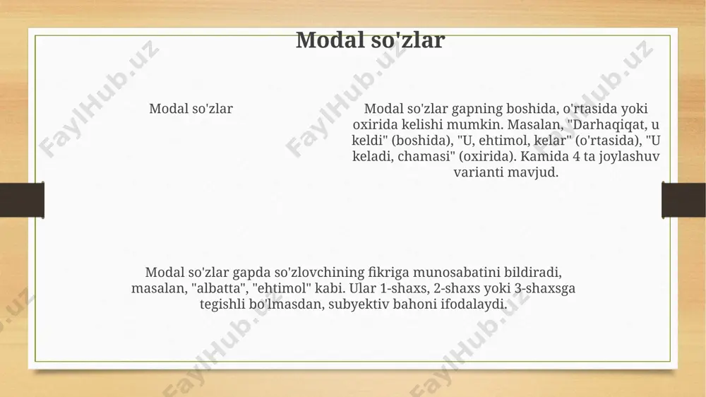 dov haqida ma'lumot ot ma'lumot otlar egalik shaklini ko'rsatish uchun 's qo'shimchasini oladi. misol uchun, "bolaning o'yinchog'i" (the boy's toy) iborasida otning egalik shakli ko'rsatilgan. ko'plikda otlar odatda "-lar", "-lar", "-lar" qo'shimchalarini oladi. "ot" so'z turkumi ingliz tilidagi "noun" so'ziga to'g'ri keladi va narsalar, shaxslar, joylar yoki g'oyalarni nomlash uchun ishlatiladi. masalan, "kitob", "o'qituvchi", "maktab", "baxt" kabi so'zlar otlardir. e'tiboringiz uchun rahmat @taqdimot_robot image3.png image4.png