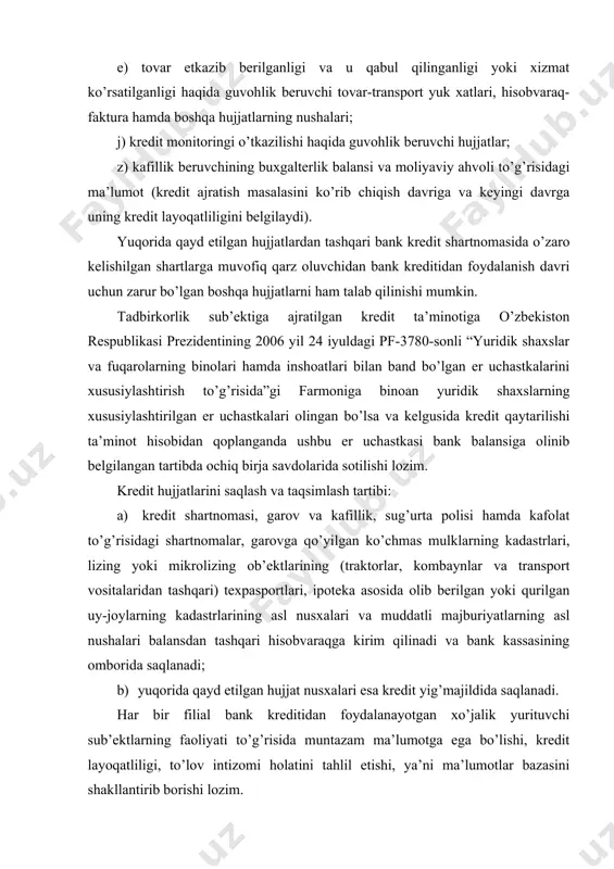 ng bir qismini) qaytarish muddati uzaytirilgan davrdagi bank foizlari ustamasining oshirilishi qarzdor tomonidan majburiyatlarni o’z vaqtida bajarmaganlik uchun to’lanadigan neustoyka yoki oshirilgan foizlar shaklidagi javobgarlik bo’lmay, sudlar tomonidan unga kredit mablag’laridan foydalanganlik uchun shartnomaviy to’lov shakli sifatida qaralishi lozim. muqaddam kechiktirilgan majburiyatlarni o’z vaqtida bajarmaganlik uchun (majburiyatlarning bajarilishi uzaytirilgan qismi ijrosi kechiktirilganligi uchun) javobgarlik choralari sudlar tomonidan kredit shartnomasida belgilangan shartlar bo’yicha qo’llaniladi. agar kredit shartnomasida majburiyatlarni o’z vaqtida bajarmaganlik uchun javobgarlik choralari ko’rsatilmagan bo’lsa, kredit tashkilotlari fkning 736-moddasi birinchi qismiga muvofiq javobgarlik choralarini qo’llashni talab qilishga haqlidir. fkning 736-moddasi birinchi qismiga muvofiq, agar qonun hujjatlarida yoki qarz shartnomasida boshqacha tartib nazarda tutilgan bo’lmasa, qarz oluvchi qarz summasini vaqtida qaytarmagan hollarda fkning 734-moddasi birinchi qismida nazarda tutilgan foizlar to’langan bo’lishidan qat’i nazar, qarz qaytarib berilishi kerak bo’lgan kundan boshlab to u qarz beruvchiga qaytarib berilgan kungacha bu summa yuzasidan fkning 327-moddasi birinchi va ikkinchi qismlarida nazarda tutilgan miqdorda foizlar to’lanishi …