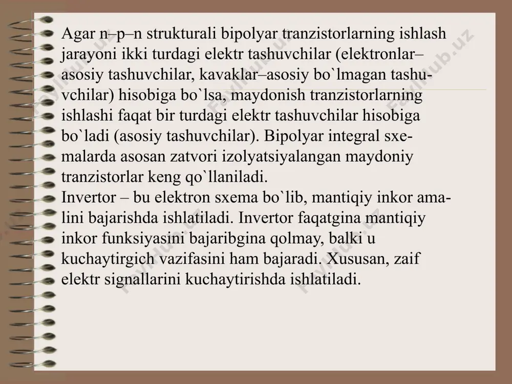 don ta`sir natijasida xosil bo’lgan elektr o’tkazuvchanlikni o’rganish va undan foydalanish masalalari bilan shugullanadigan fan sohasidir. elektronika yutuqlari natijasi sifatida elektrovakuum va yarim o’tkazgichli asboblarning turli xil va ijobiy xususiyatlarida namoyon bo’ladi. zamonaviy elektornikani o’rganish uchun avvalam bor radioelektronika asboblarining tuzilishi, ishlash printsipi va fizikaviy asoslarini bilib olish kerak. …integral mikrosxemalar radio elektron apparaturalarda elementlararo ulanishlarni ta`minlash bilan birgalikda, ularning kichik o`lchamlarini, energiya ta`minotini, massa va material hajmini ta`minlaydilar. ko`p sonli chiqishlar va qobiqlarning yo`qligi radio elektron apparaturalarning hajmi va massasini kichraytiradi. moddaning yarim o‘tkazgichlik xossasiga asoslangan elementlarda fizik jarayonlar mikronlar tartibidagi sohalarda yuz berib, zamonaviy mikrochiplarda kremniy kristalining kichik bo‘lagida bir-biriga ulangan millionlab diodlar, tranzistorlar, qarshiliklar, kondensatorlar joylashgan. yarim o‘tkazgichli diod (yo’d) ikki elektrodli qurilma bo‘lib, uning ishlashi n-p o‘tishni elektrik xususiyatlarga, yoki metal yarim o‘tkazuvchi kontaktini ishlatilishiga asoslangan. bu xususiyatlarga quyidagilar kiradi: bir tomonlama o‘tkauvchanlik, volt-amper tavsifini nochiziqligi, volt-amperli tavsifini manfiy qarshilikka ega bo‘lagi mavjudligi, elektrli buzilishda teskar …