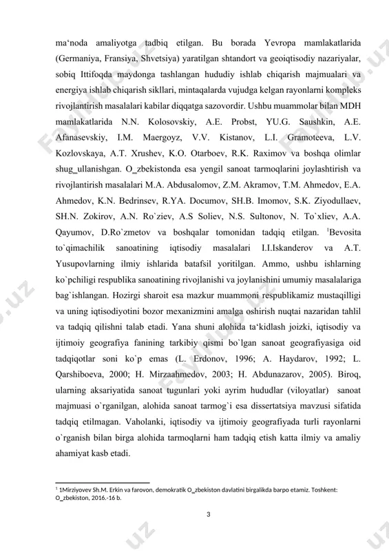 noatining rivojlanishi va joylanishini umumiy masalalariga bag`ishlangan. hozirgi sharoit esa mazkur muammoni respublikamiz mustaqilligi va uning iqtisodiyotini bozor mexanizmini amalga oshirish nuqtai nazaridan tahlil va tadqiq qilishni talab etadi. yana shuni alohida ta‘kidlash joizki, iqtisodiy va ijtimoiy geografiya fanining tarkibiy qismi bo`lgan sanoat geografiyasiga oid tadqiqotlar soni ko`p emas (l. erdonov, 1996; a. haydarov, 1992; l. qarshiboeva, 2000; h. mirzaahmedov, 2003; h. abdunazarov, 2005). biroq, ularning aksariyatida sanoat tugunlari yoki ayrim hududlar (viloyatlar) sanoat majmuasi o`rganilgan, alohida sanoat tarmog`i esa dissertatsiya mavzusi sifatida tadqiq etilmagan. vaholanki, iqtisodiy va ijtimoiy geografiyada turli rayonlarni o`rganish bilan birga alohida tarmoqlarni ham tadqiq etish katta ilmiy va amaliy ahamiyat kasb etadi. [1: 1mirziyovev sh.m. erkin va farovon, demokratik o‗zbekiston davlatini birgalikda barpo etamiz. toshkent: o‗zbekiston, 2016.-16 b. ] [footnoteref:2]oʻzbekistonda yengil sanoat mahsulotlarini sanoat asosida ichki chizimga 19-asrning oxirida, 1874-yilda toshkent shahrida paxta tozalash zavodi qurilishi bilan asos solingan. 20-asr boshlarida yengil sanoat sohasi asosan …