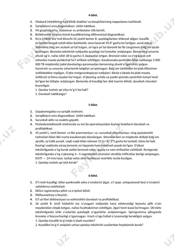 — 13; s—58, limfotsitlar—13, monotsitlar — 12, echt— 500 mm/soatga teng. 1. qanday tashxis qo‘yasiz? 3-bilet. 1. yuik stabil stenokardiya va nostabil stenokardiyalarning klinik, laborator, ekg diagnostikasi. 2. lipid almashinuvining buzilishi 3. yuik diagnostikasida jismoniy yuklamali ekg ahamiyati. 4. reaktiv artritlar va artrozlarni birlamchi, ikqilamchi, uchlamchi profilaktikasi. 5. 52 yoshli s. ismli ayol tez yordam mashinasida shifoxonaga olib kelindi. bemor qand kasalligi borligi sababli davolanib turadi. o’n yildan beri muttasil insulin olib turadi. bemor tez-tez isitma ko’tarilib turishi (38°s va undan yuqori), xansirash, ko‘krak qafasnning o‘ng tomonidagi og‘riqdan shikoyat qilgan. ikki hafta burun bemorning isitmasi 38—39° ga ko’tarilgan, isitmaga yo’tal qo’shilgan. bemor yo’talganda shilliq-yiringli balg’am ajralgan, xansirash kuchaygan. penitsillin bilan davolashning foydasi bo’lmagan. bemor ko’zdan kechirilganda lablari ko’kargan, bir minutlik nafas olish soni 30 martaga teng. perkussiya qilinganda o’pkaning o‘ng tomoni yuqorisida timpanik tovush, pastki qismida esa bo‘g‘iq tovush eshitilgan. ausqo’ltatsiyada nafas shovqini keskin susaygan. qon analizi: hb — 90 …