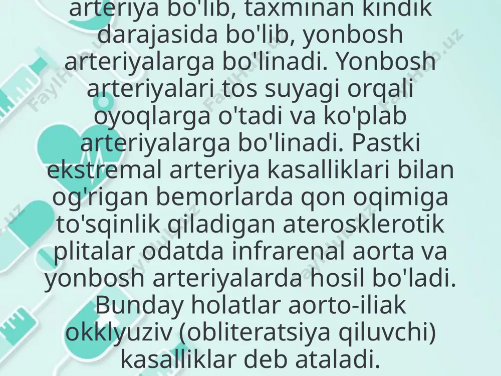 tida belgilaydilar. agar normal odimlashda 200 m yurilmasdan og’riq paydo bo’lsa, bu – ishemiyaning ii «b» bosqichi hisoblanadi. tinch turilganda yoki 25 m dan kam yurilganda og’riq tursa, bu – ishemiyaning iii bosqichi sifatida qaraladi. ishemiyaning iv bosqichi to’qimalarning yara-nekrotik o’zgarishlarga uchrashi bilan ta’riflanadi. etiologiyasi etiologiyasiga ko'ra qorin aortasining okklyuzyonlari orttirilgan (ateroskleroz, nonspesifik aortoarterit, tromboangiit) va tug'ma (gipoplaziya, aplaziya, fibromuskulyar displaziya) bo'linadi. ateroskleroz leriche sindromining rivojlanishining asosiy sababidir. adabiyotlarga ko'ra, aorta bifurkatsiyasining okklyuziv lezyonlarining 88 dan 94 foizigacha ateroskleroz sabab bo'ladi. etiologiyasi nonspesifik aortoarteriit, shu jumladan qorin bo'shlig'i aortasining shikastlanishi, chap yurakning shikastlanishi (mitral stenoz, mitral infarktdan keyingi anevrizma) bilan yuzaga keladigan qorin bo'shlig'i aorta bifurkatsiyasining 5% ga yaqin embolik okklyuziyasi bo'yicha ikkinchi o'rinda turadi. qopqoqni almashtirish) yoki atriyal fibrilatsiya bilan, taxminan 1% ni tashkil qiladi. shikast tromboz, shuningdek, tos a'zolarining sinishi, o'smalari va retroperitoneal bo'shliqning fibrozisi bo'lgan bemorlarning 1% da kuzatiladi. aortaning tugʻma patologiyasi tromboz takayasu sindromi qon tomirlarining …