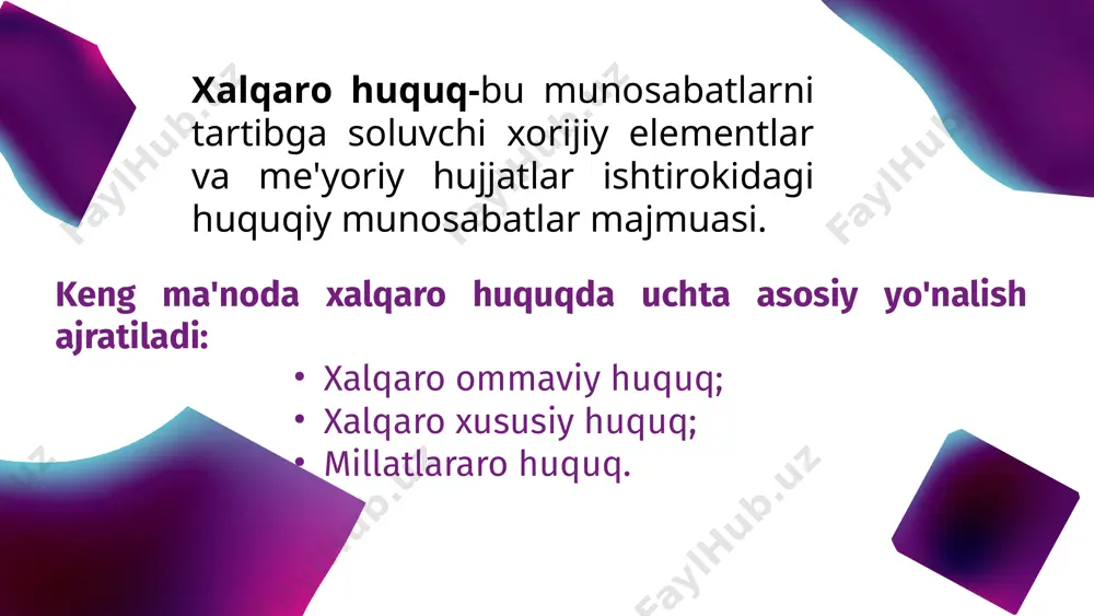 ar va xalqlar o‘rtasida yaratiladigan munosabatlar. davlatlararo mamlakatlararo munosabatlar ham moddiy, moddiy bo‘lmagan munosabatlar ham xalqaro huquq ob’yekti hisoblanadi. bunday munosabatlar xalqaro huquqning umume’tirof etilgan prinsiplari va normalari bilan tartibga solinadi. xalqaro huquqning obyekti - xalqaro (davlatlararo) munosabatlardir. xalqaro huquqning ob'yektlari - bu xalqaro huquq sub'yekti faqat davlatning ichki vakolatiga kirmaydigan va har bir aniq davlatning davlat hududidan tashqariga chiqishi mumkin bo'lgan xalqaro huquqiy munosabatlarga kirishi mumkin bo'lgan barcha narsalardir. 1) davlatlar; 2) hukumatlararo (davlatlararo) tashkilotlar; 3) o‘z mustaqilligi uchun kurashayotgan millat va xalqlar (aniq sharoitlarda); 4) davlatga o'xshash tashkilotlar. quyidagilar zamonaviy xalqaro huquq sub’yektlari hisoblanadi: xalqaro huquq subʼyekti — xalqaro huquqlar va majburiyatlarga ega boʻlgan, ularni xalqaro huquq asosida amalga oshiruvchi va zarur hollarda xalqaro-huquqiy javobgarlikka tortuvchi xalqaro munosabatlar ishtirokchisi. davlatga o'xshash tashkilotlar-bular xalqaro huquq sub'yektlari bo'lgan maxsus siyosiy-diniy yoki siyosiy-hududiy birliklardir. davlatning o'ziga xos xususiyatlari doimiy aholi, ma'lum bir hudud, davlat hokimiyati, huquqiy normalar tizimi va suverenitetdir. davlatga …