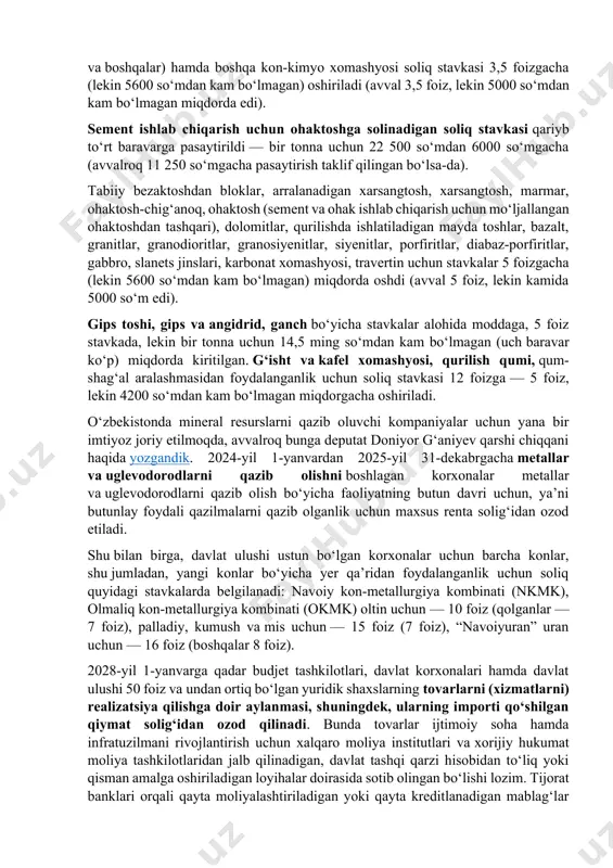 lag‘lar “yashil makon” dasturi doirasida daraxt ko‘chatlari ekish va atrof-muhitni muhofaza qilish loyihalarini moliyalashtirishga yo‘naltirilishi rejalashtirilgan. 1-apreldan yuk avtomobillarining respublika va mahalliy ahamiyatga molik avtomobil yo‘llariga yetkazgan zararni hisobga olgan holda og‘irligi 10 tonnadan ortiq bo‘lgan yuk avtomobillari uchun bhmning 5 dan 10 baravarigacha bo‘lgan miqdorda (1,7 million so‘mdan 3,4 million so‘mgacha) yo‘l yig‘imi ham joriy etiladi. mablag‘lar avtomobil yo‘llarini rivojlantirish maqsadli jamg‘armasiga yo‘naltiriladi. 1-yanvardan qishloq xo‘jaligi yerlarini sug‘orish va baliq yetishtirish uchun foydalaniladigan suv hajmiga soliq stavkasi hisoblagichsiz har bir kub metr uchun 45 so‘mdan 100 so‘mgacha (80 so‘mgacha oshirilishi rejalashtirilgandi) oshdi, hisoblagich mavjud bo‘lgan holatda 0,7 pasaytiruvchi koeffitsiyent qo‘llanadi. avtomobil yuvish uchun ishlatiladigan suv uchun soliq stavkasi 12 foizga — 2410 so‘mdan 2700 so‘mgacha oshdi. mineral tuzlar (tosh tuz (ovqatga ishlatiladigani), kaliy tuzi, sulfat tuzi), karbonat xomashyosi (ohaktoshlar, dolomitlar), mineral o‘g‘itlar (glaukonit, fosforitlar va boshqalar) hamda boshqa kon-kimyo xomashyosi soliq stavkasi 3,5 foizgacha (lekin 5600 so‘mdan kam bo‘lmagan) …